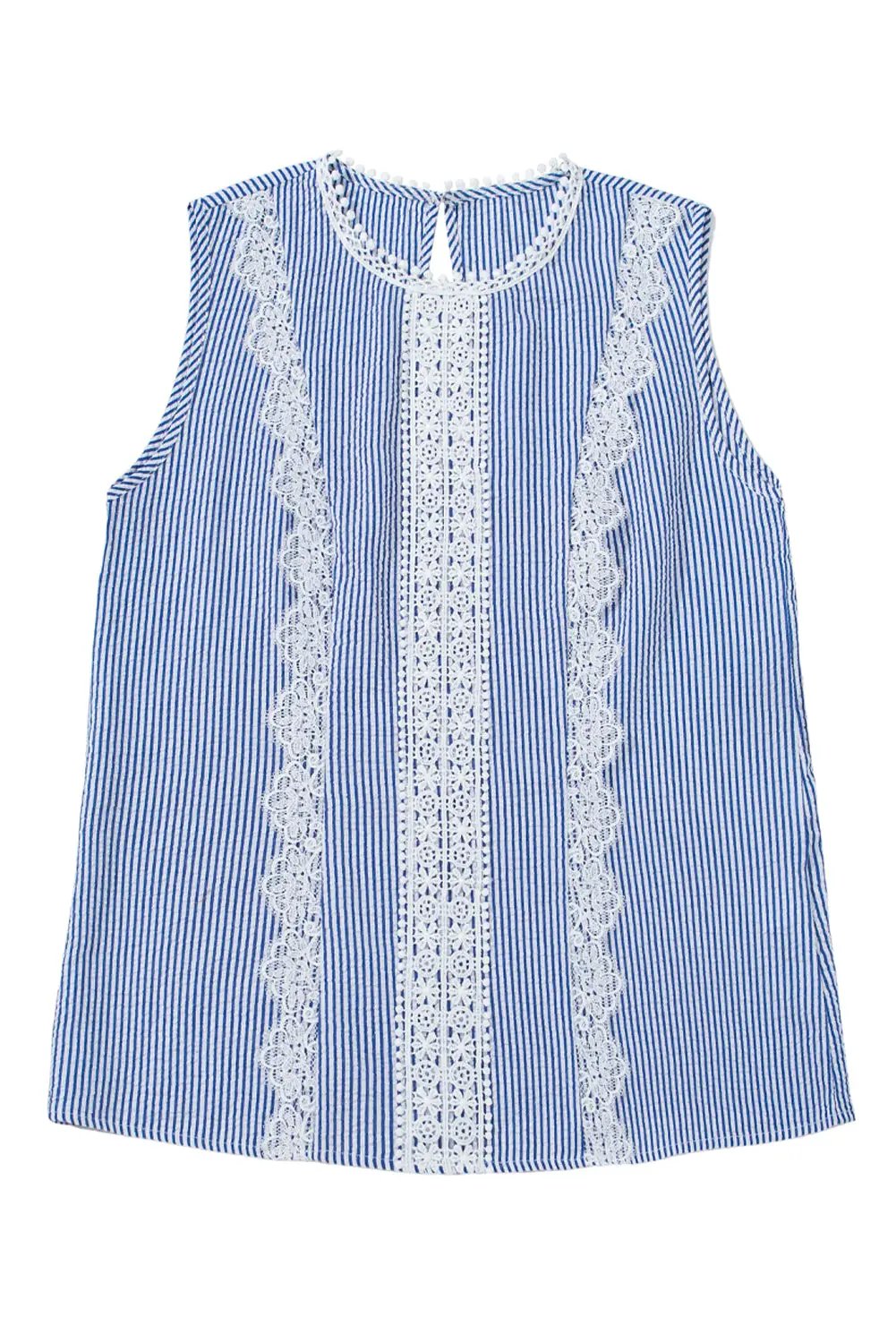 Grateful Threads Boutique Sky Blue Stripe Lace Patchwork Crew Neck Tank Top - Tank Tops Sky Blue Stripe Lace Patchwork Crew Neck Tank Top