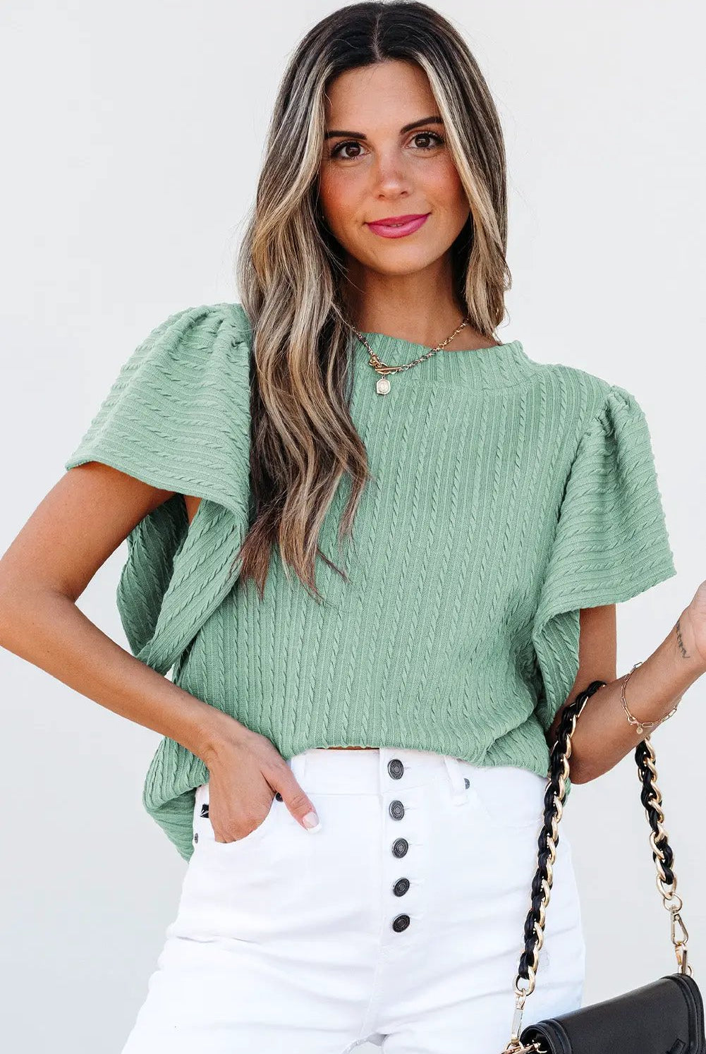 Grateful Threads Boutique Moonlight Jade Solid Color Textured Flutter Sleeve Top - Blouses Moonlight Jade Solid Color Textured Flutter Sleeve Top