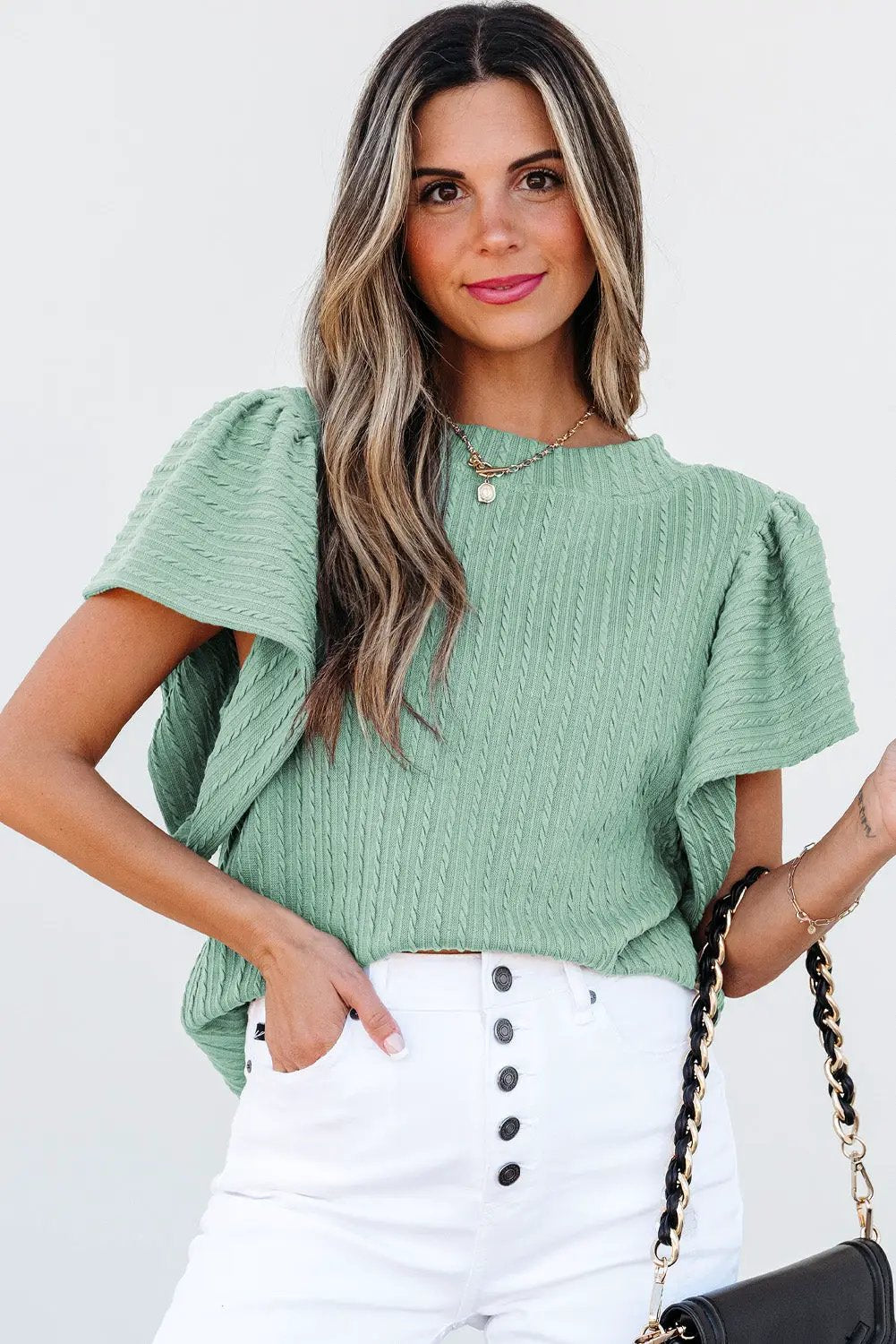 Grateful Threads Boutique Moonlight Jade Solid Color Textured Flutter Sleeve Top - Blouses Moonlight Jade Solid Color Textured Flutter Sleeve Top