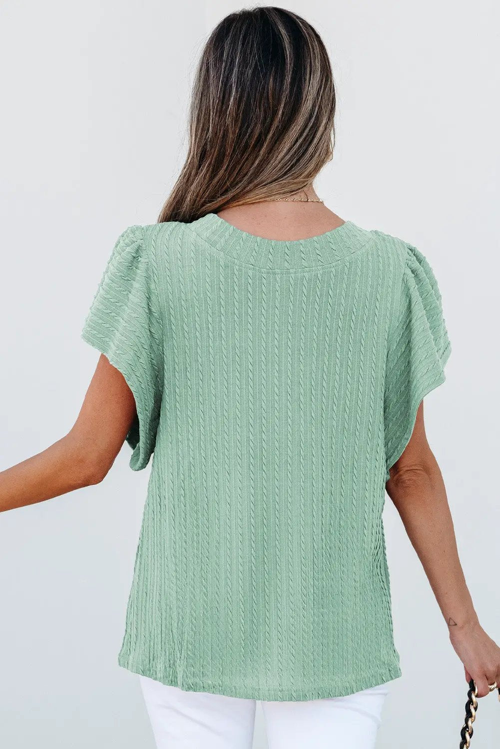 Grateful Threads Boutique Moonlight Jade Solid Color Textured Flutter Sleeve Top - Blouses Moonlight Jade Solid Color Textured Flutter Sleeve Top