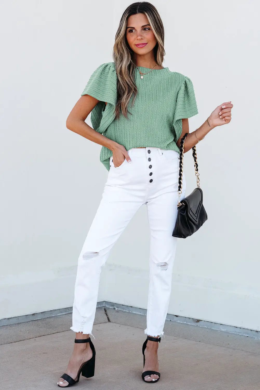 Grateful Threads Boutique Moonlight Jade Solid Color Textured Flutter Sleeve Top - Blouses Moonlight Jade Solid Color Textured Flutter Sleeve Top