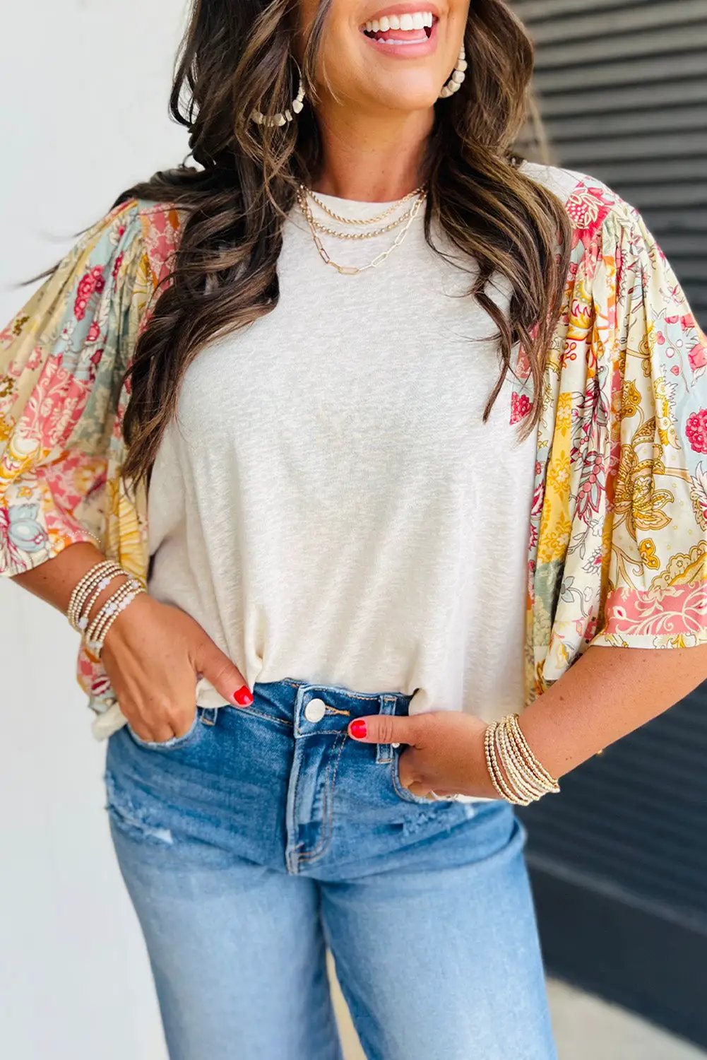 Grateful Threads Boutique Beige Floral Patchwork Half Batwing Sleeve Blouse - Blouses