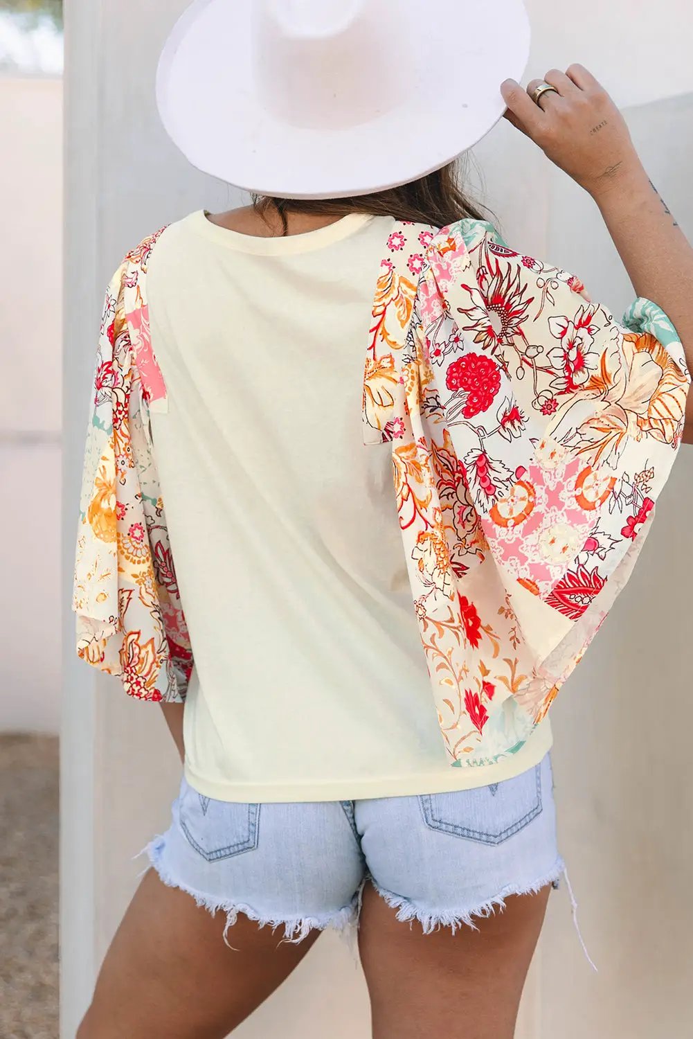 Grateful Threads Boutique Beige Floral Patchwork Half Batwing Sleeve Blouse - Blouses