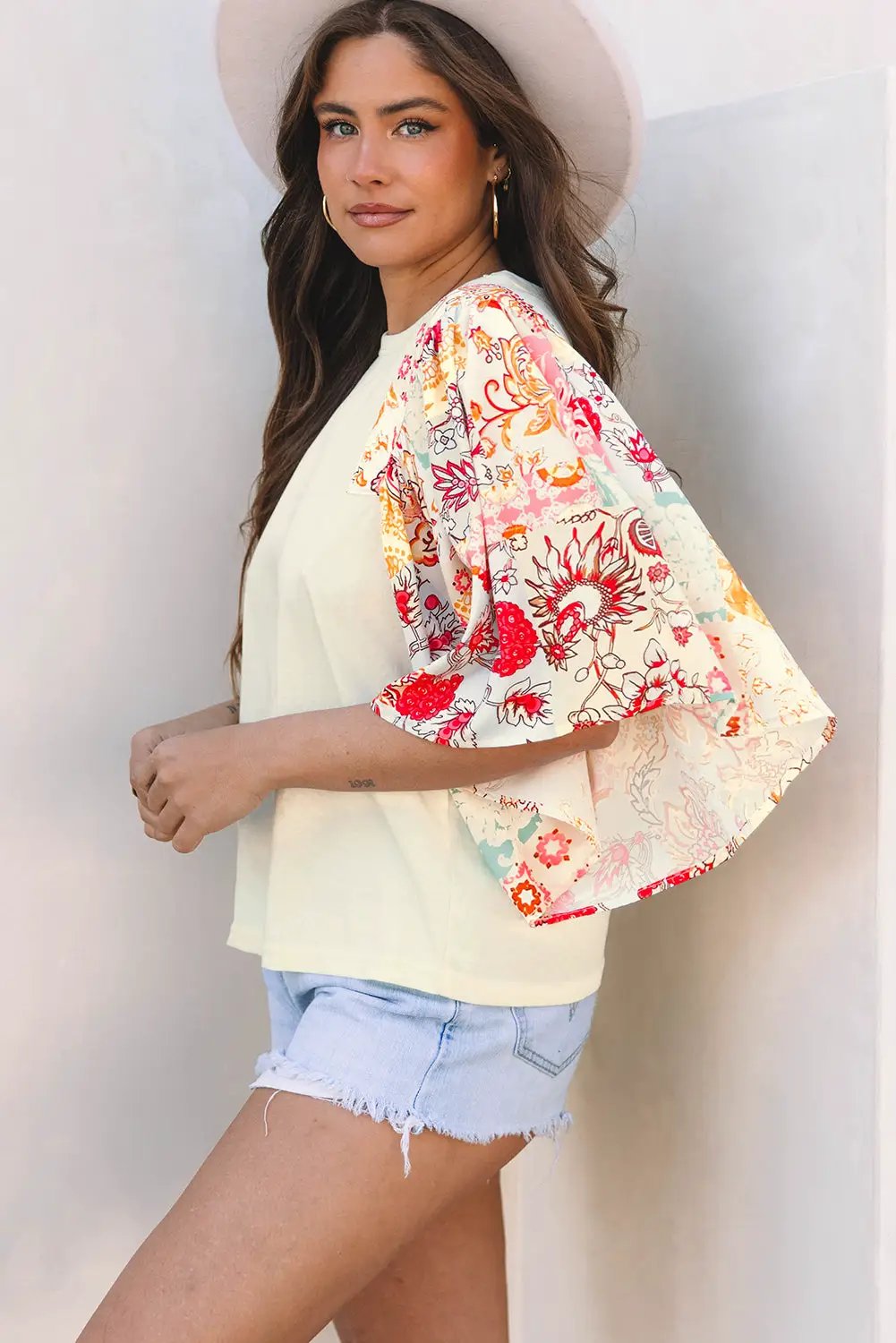 Grateful Threads Boutique Beige Floral Patchwork Half Batwing Sleeve Blouse - Blouses