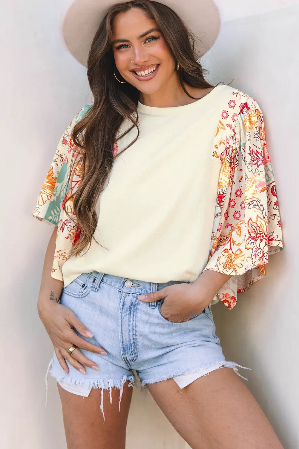 Grateful Threads Boutique Beige Floral Patchwork Half Batwing Sleeve Blouse - Blouses