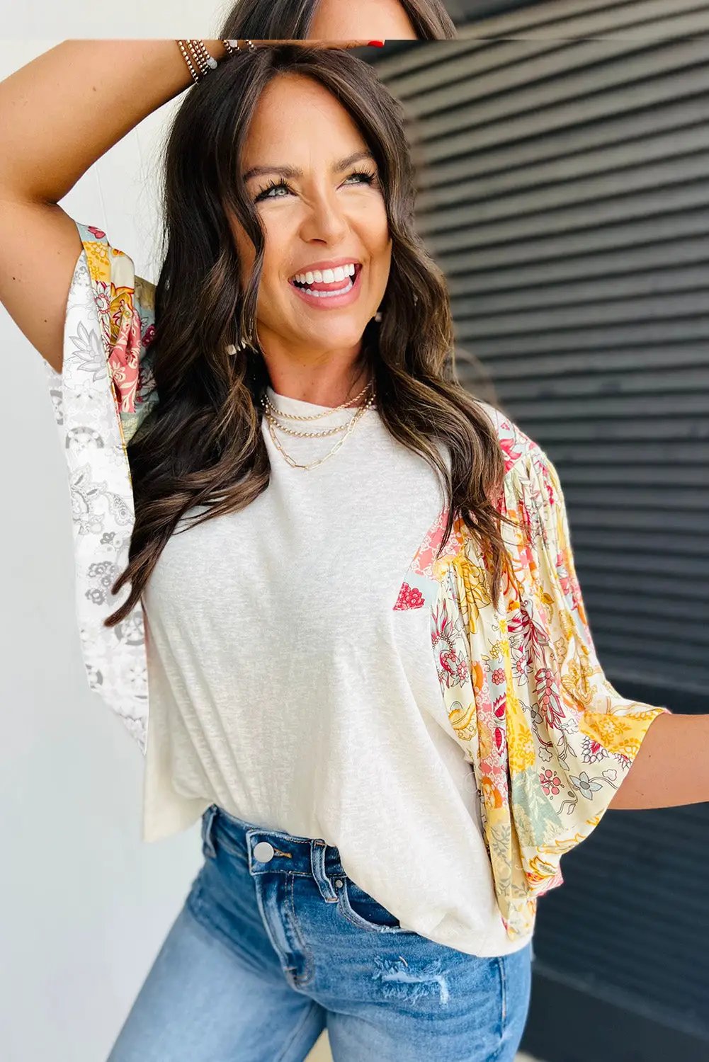 Grateful Threads Boutique Beige Floral Patchwork Half Batwing Sleeve Blouse - Blouses
