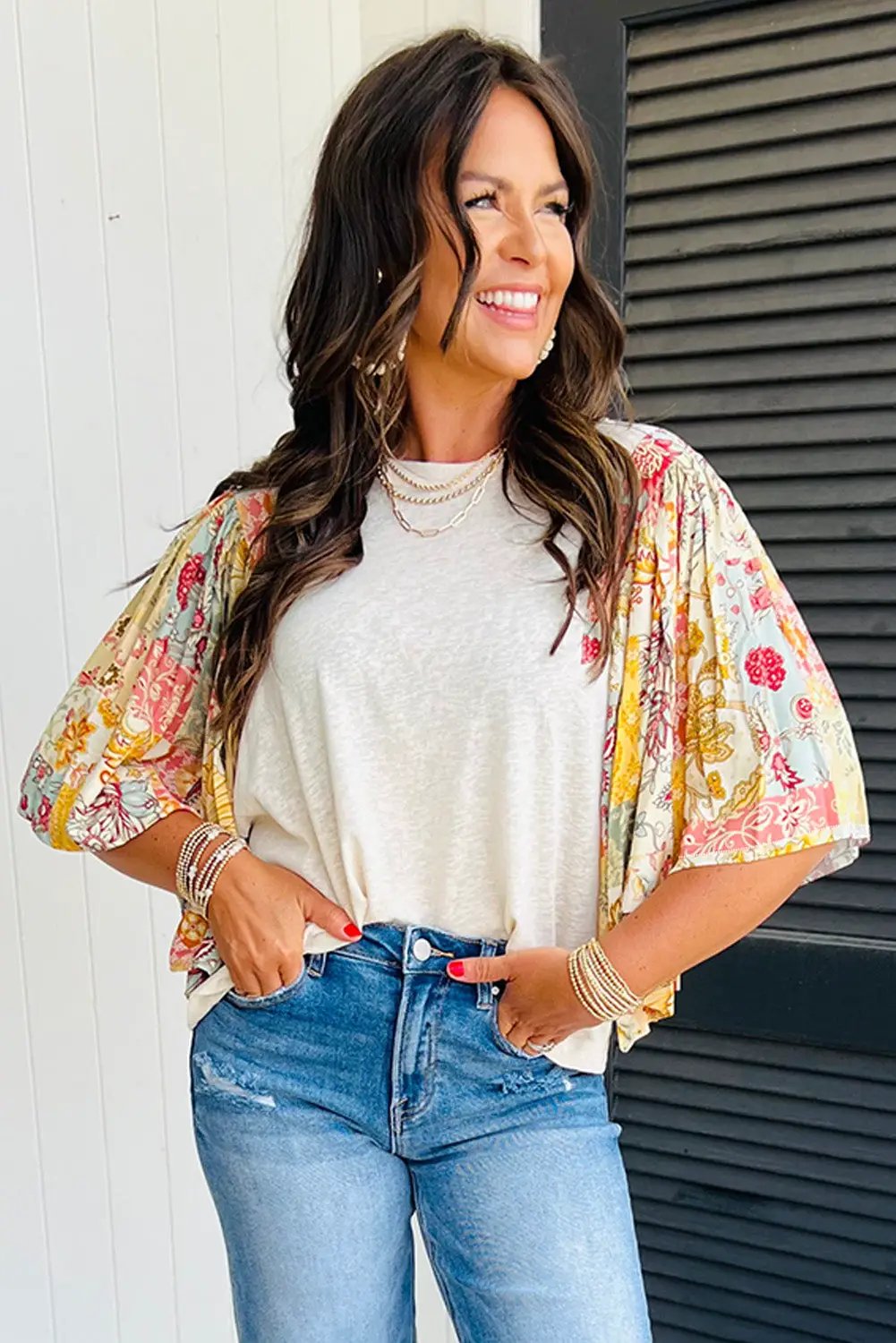 Grateful Threads Boutique Beige Floral Patchwork Half Batwing Sleeve Blouse - Blouses