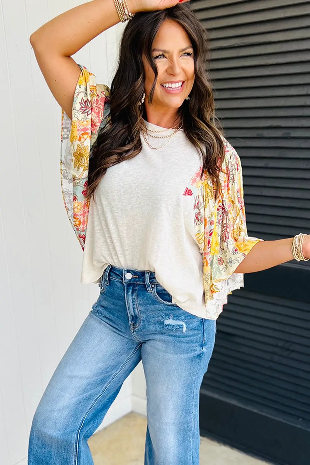 Grateful Threads Boutique Beige Floral Patchwork Half Batwing Sleeve Blouse - Blouses
