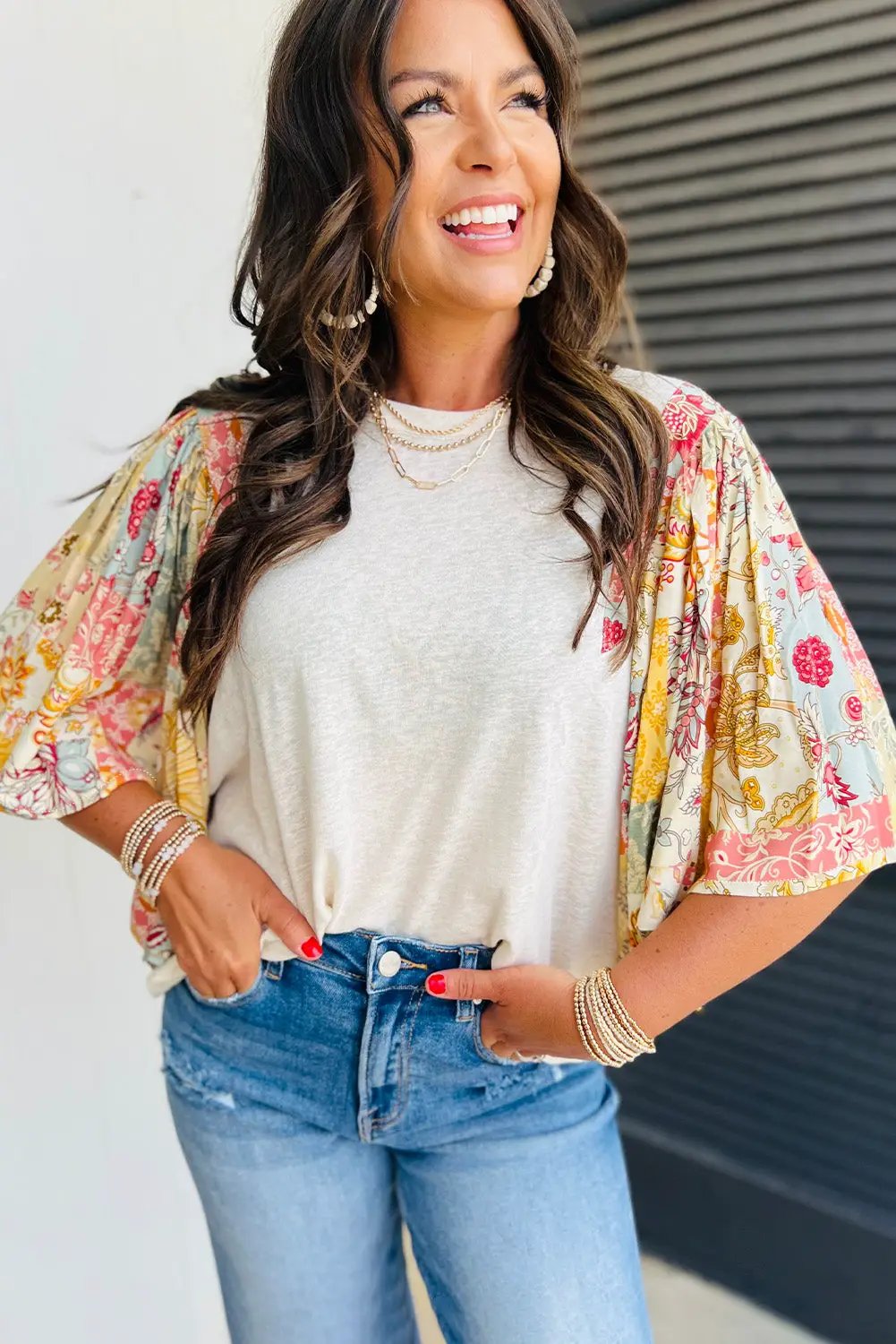 Grateful Threads Boutique Beige Floral Patchwork Half Batwing Sleeve Blouse - Blouses