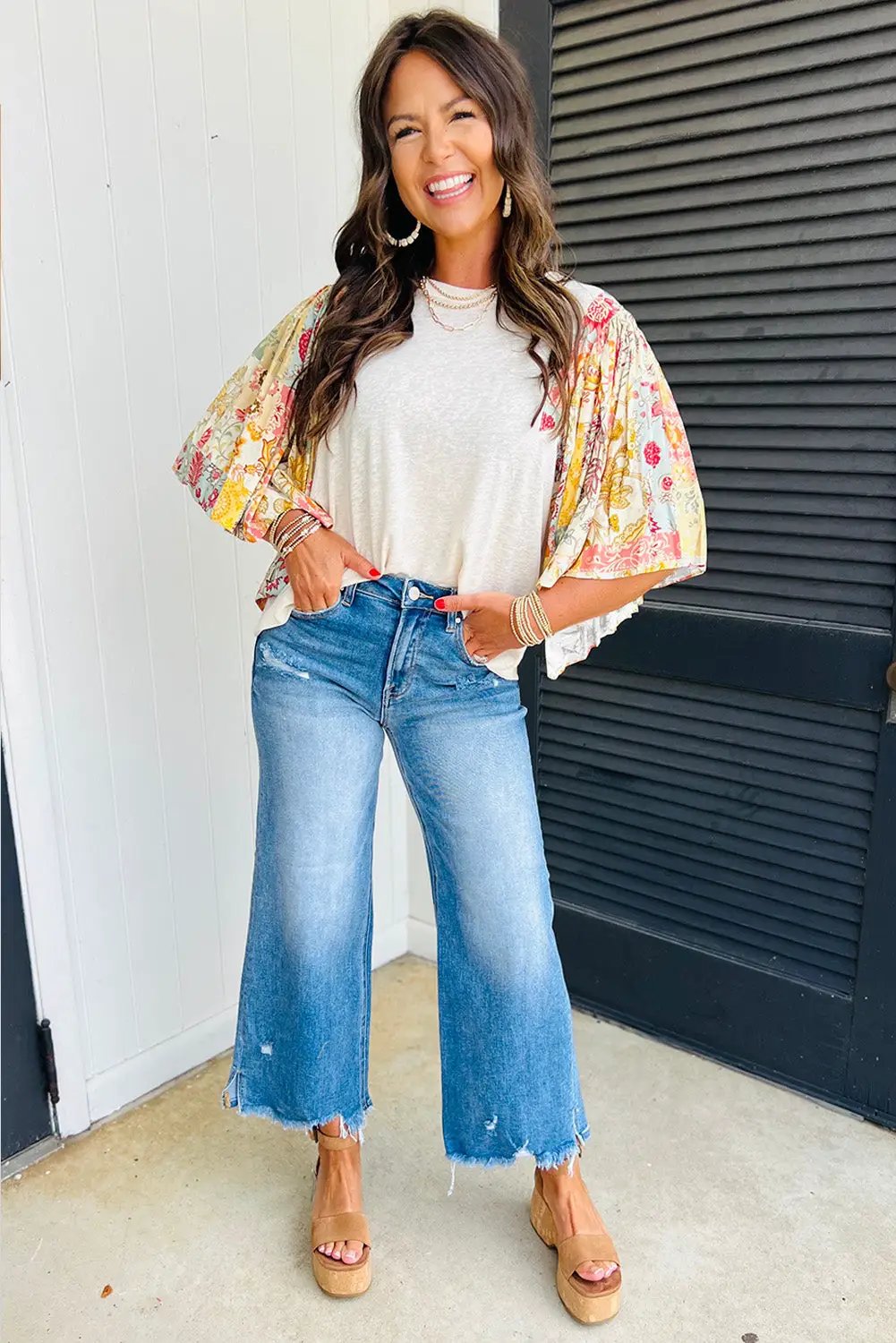 Grateful Threads Boutique Beige Floral Patchwork Half Batwing Sleeve Blouse - Blouses