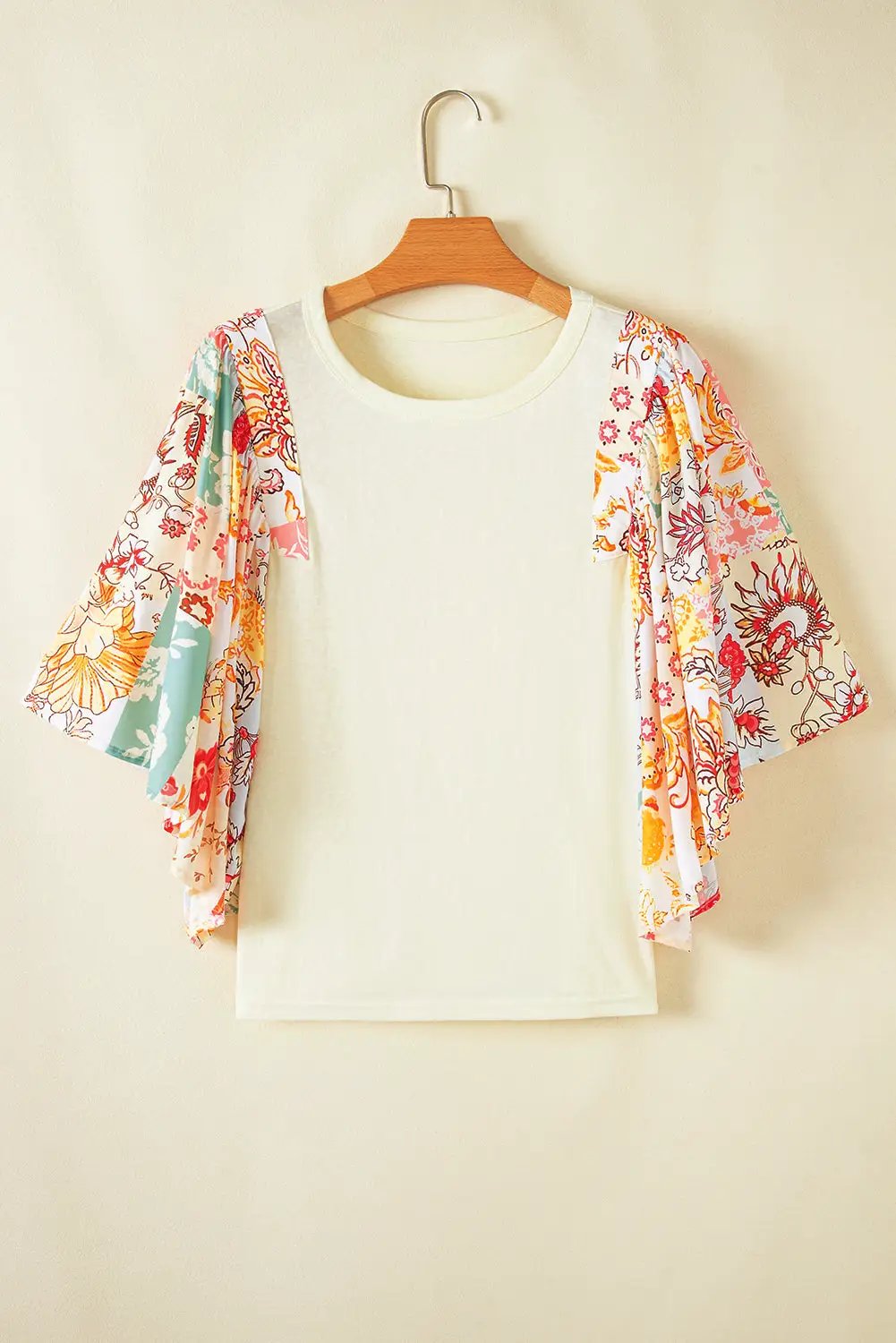 Grateful Threads Boutique Beige Floral Patchwork Half Batwing Sleeve Blouse - Blouses