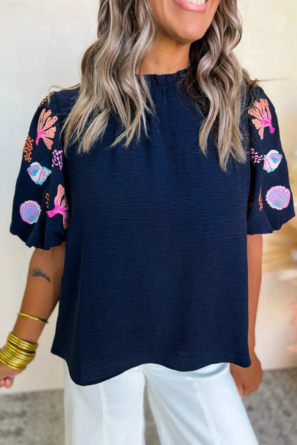 Grateful Threads Boutique Nautical Embroidery Puff Sleeve Frilled Neck Blouse - Blouses Embroidered puff sleeve