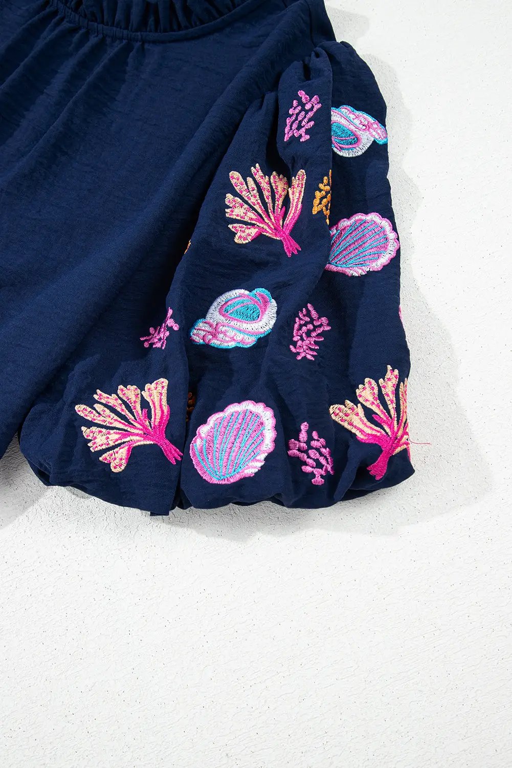Grateful Threads Boutique Nautical Embroidery Puff Sleeve Frilled Neck Blouse - Blouses Embroidered puff sleeve