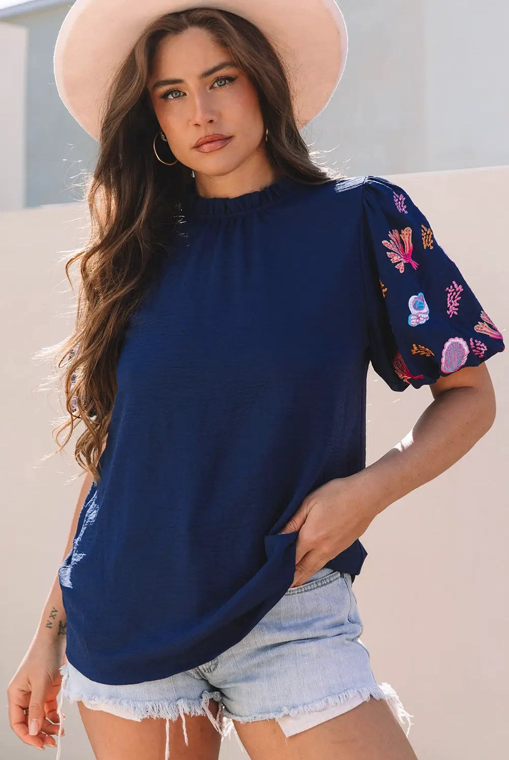 Grateful Threads Boutique Nautical Embroidery Puff Sleeve Frilled Neck Blouse - Blouses Embroidered puff sleeve