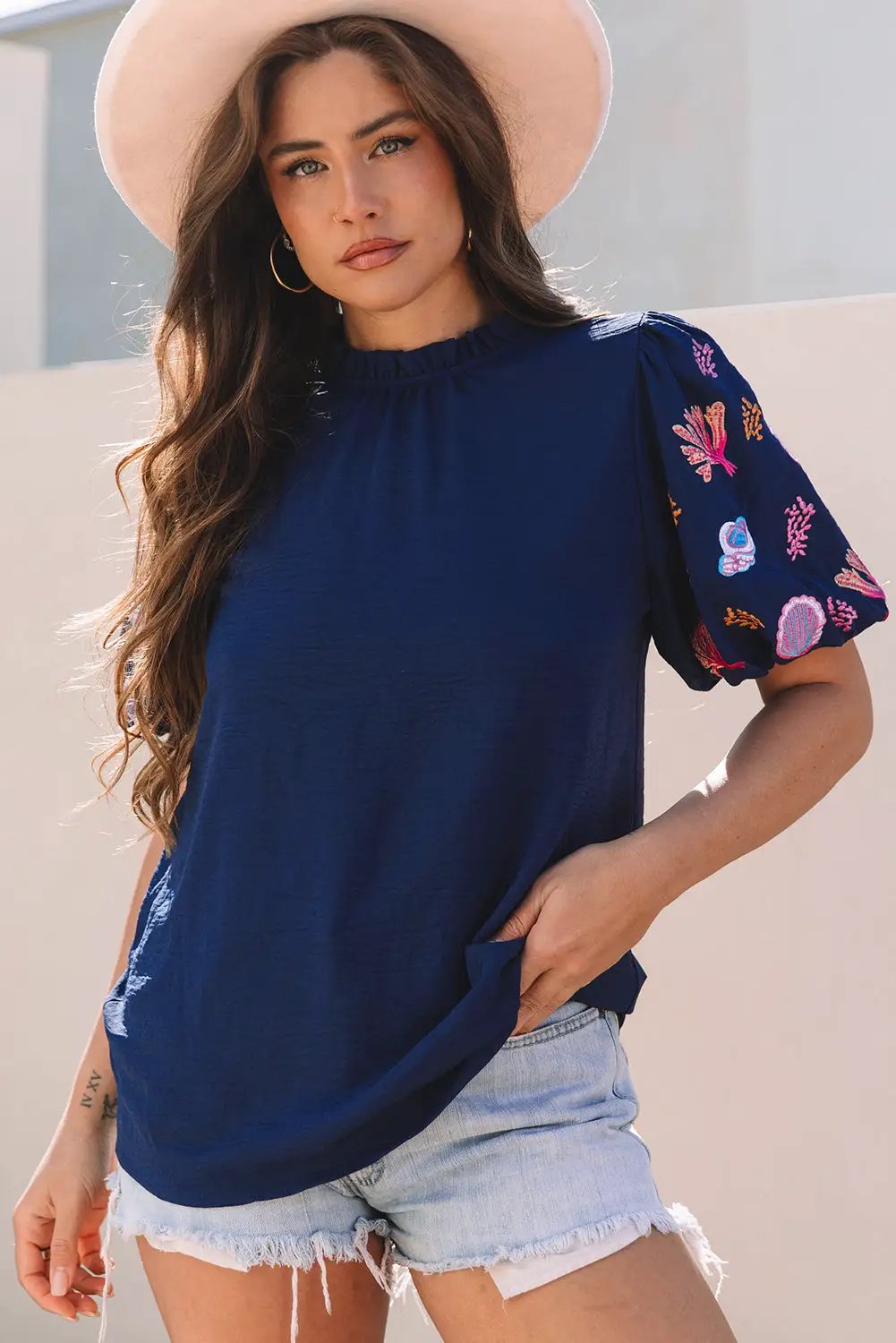 Grateful Threads Boutique Nautical Embroidery Puff Sleeve Frilled Neck Blouse - Blouses Embroidered puff sleeve