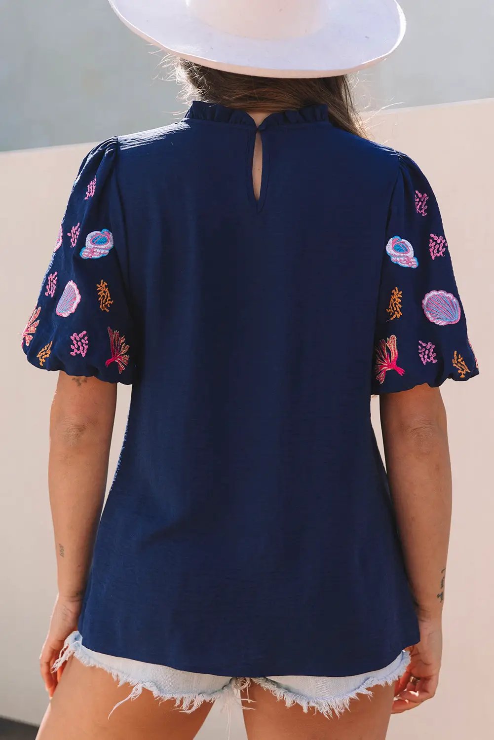 Grateful Threads Boutique Nautical Embroidery Puff Sleeve Frilled Neck Blouse - Blouses Embroidered puff sleeve
