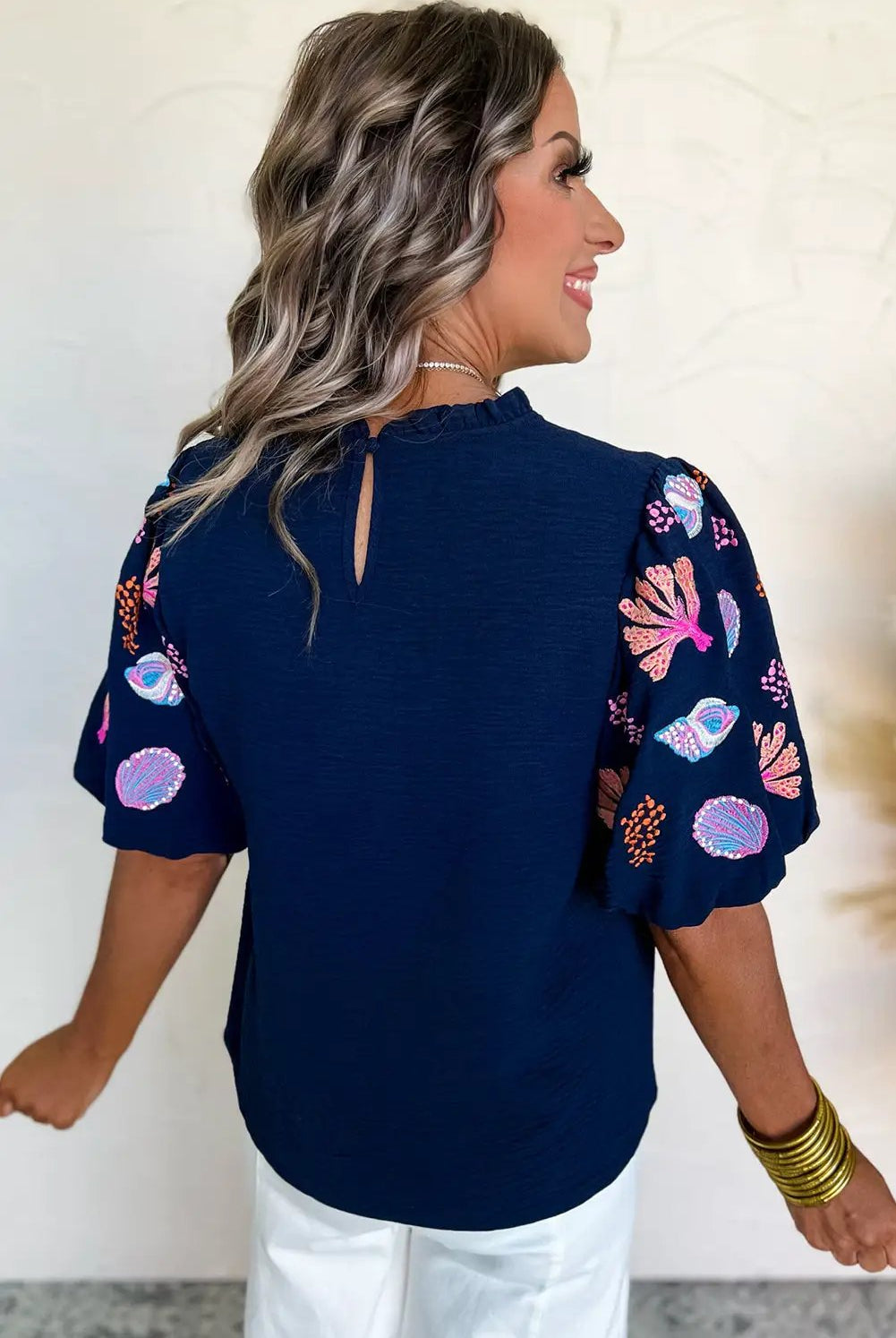 Grateful Threads Boutique Nautical Embroidery Puff Sleeve Frilled Neck Blouse - Blouses Embroidered puff sleeve