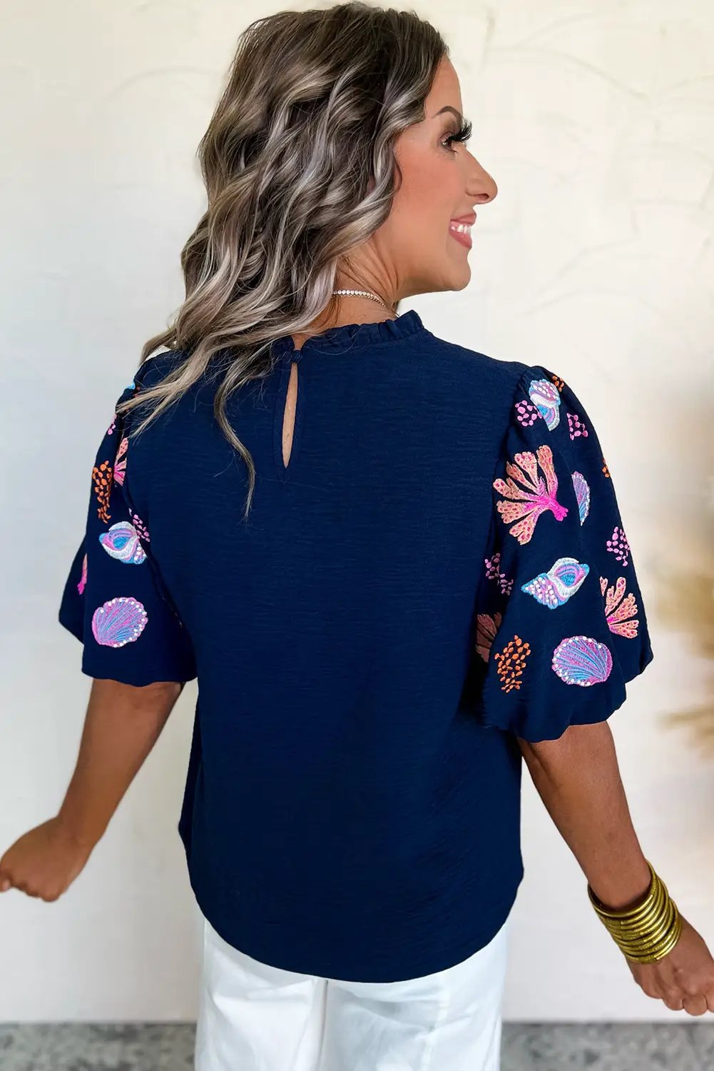 Grateful Threads Boutique Nautical Embroidery Puff Sleeve Frilled Neck Blouse - Blouses Embroidered puff sleeve