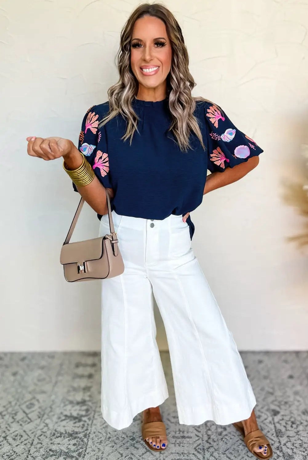 Grateful Threads Boutique Nautical Embroidery Puff Sleeve Frilled Neck Blouse - Blouses Embroidered puff sleeve