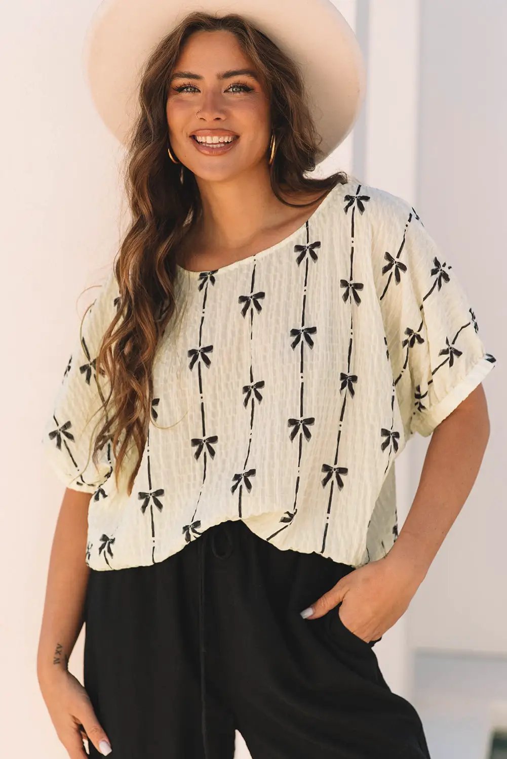 Grateful Threads Boutique Beige Bow Print Puff Short Sleeve Top - Clothing Tops Beige Bow Print Puff Short Sleeve Top
