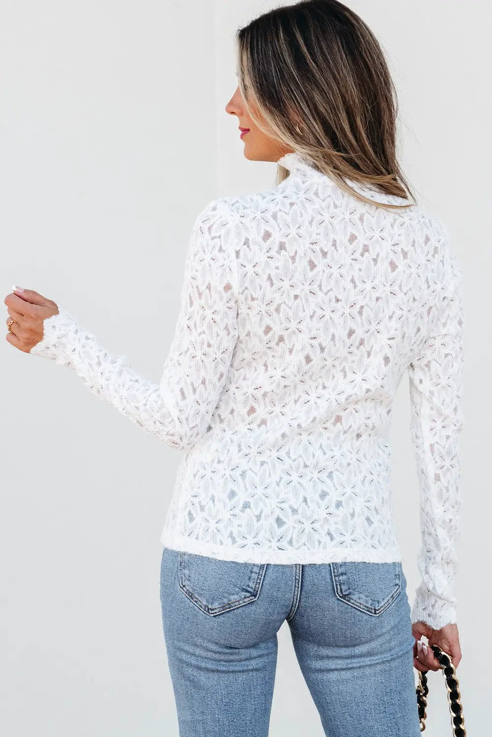 Grateful Threads Boutique White Flower Mock Neck Lace Top - Shirts
