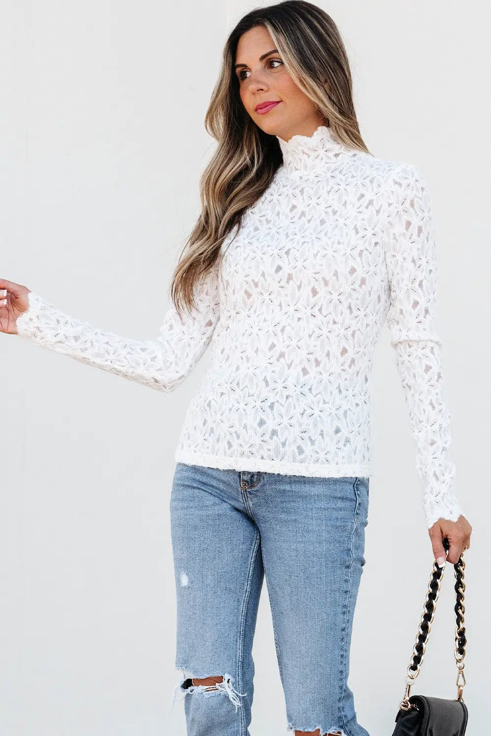 Grateful Threads Boutique White Flower Mock Neck Lace Top - Shirts