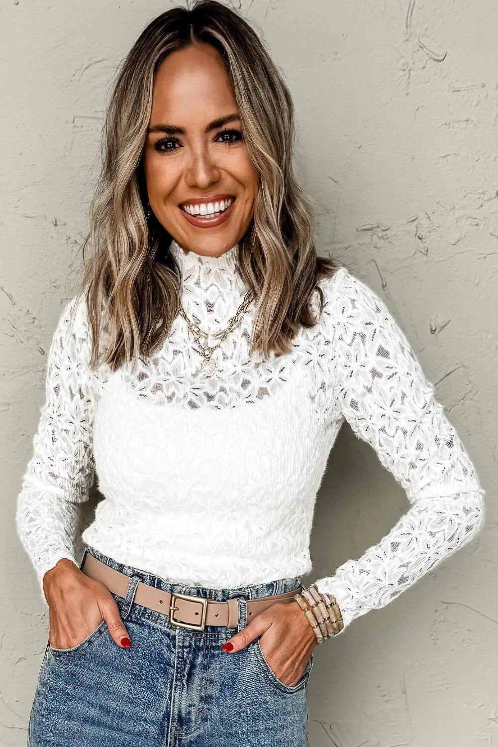 Grateful Threads Boutique White Flower Mock Neck Lace Top - Shirts