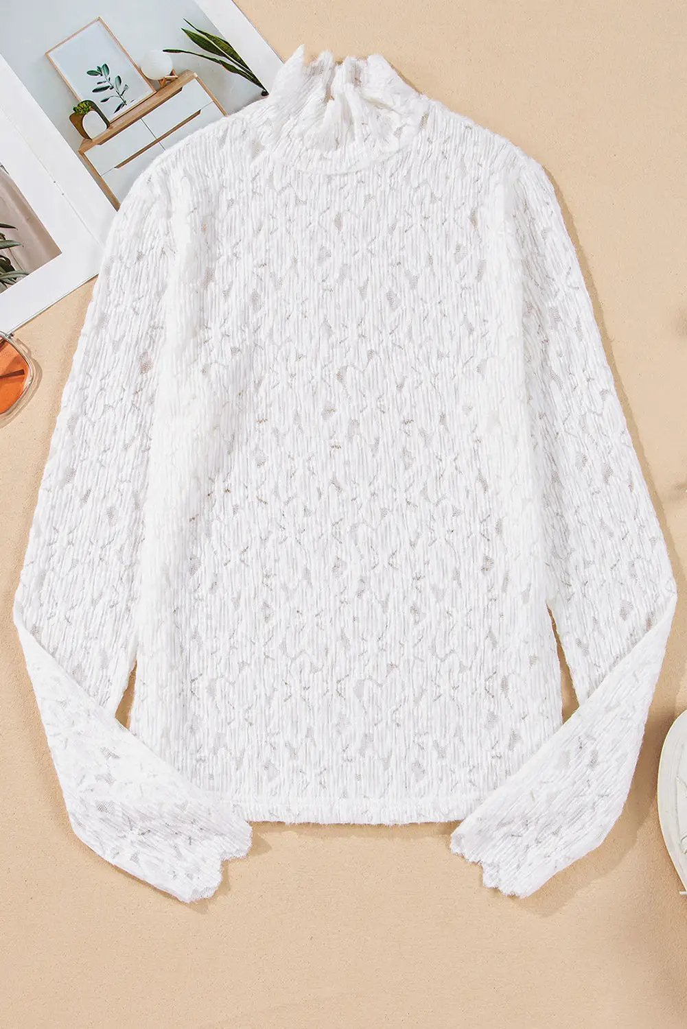 Grateful Threads Boutique White Flower Mock Neck Lace Top - Shirts