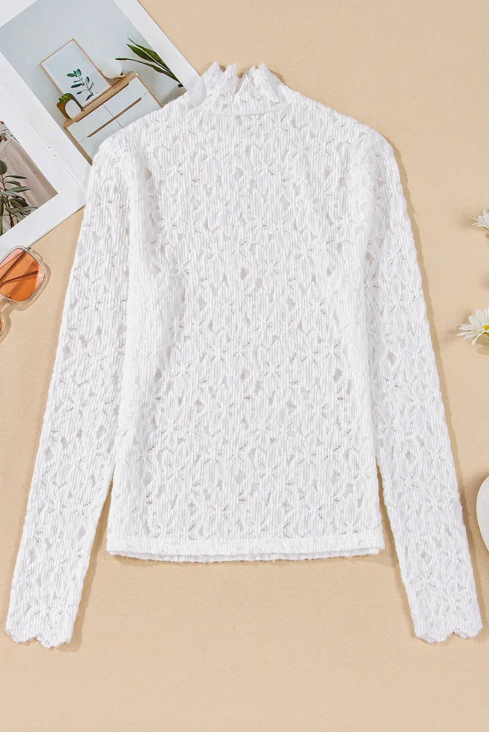 Grateful Threads Boutique White Flower Mock Neck Lace Top - Shirts