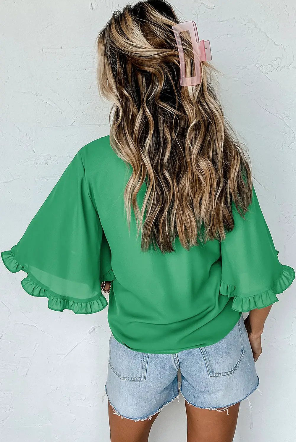 Grateful Threads Boutique Green Frilly Round Neck Wide Half Sleeve Blouse - Blouses Green Frilly blouse