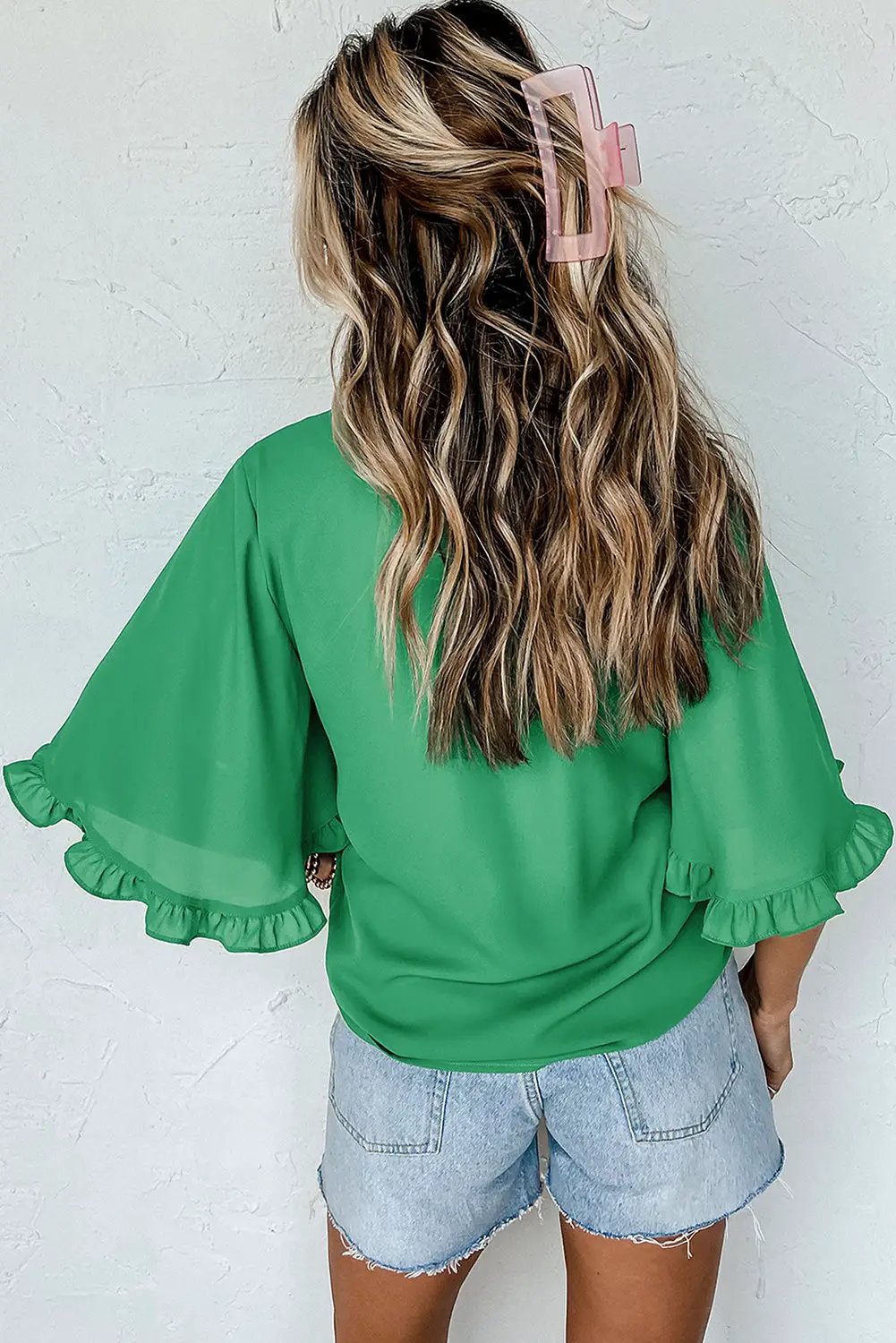 Grateful Threads Boutique Green Frilly Round Neck Wide Half Sleeve Blouse - Blouses Green Frilly blouse