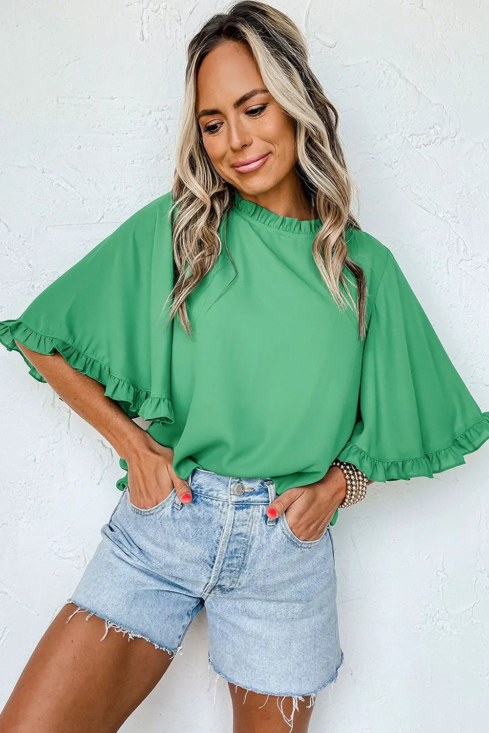 Grateful Threads Boutique Green Frilly Round Neck Wide Half Sleeve Blouse - Blouses Green Frilly blouse