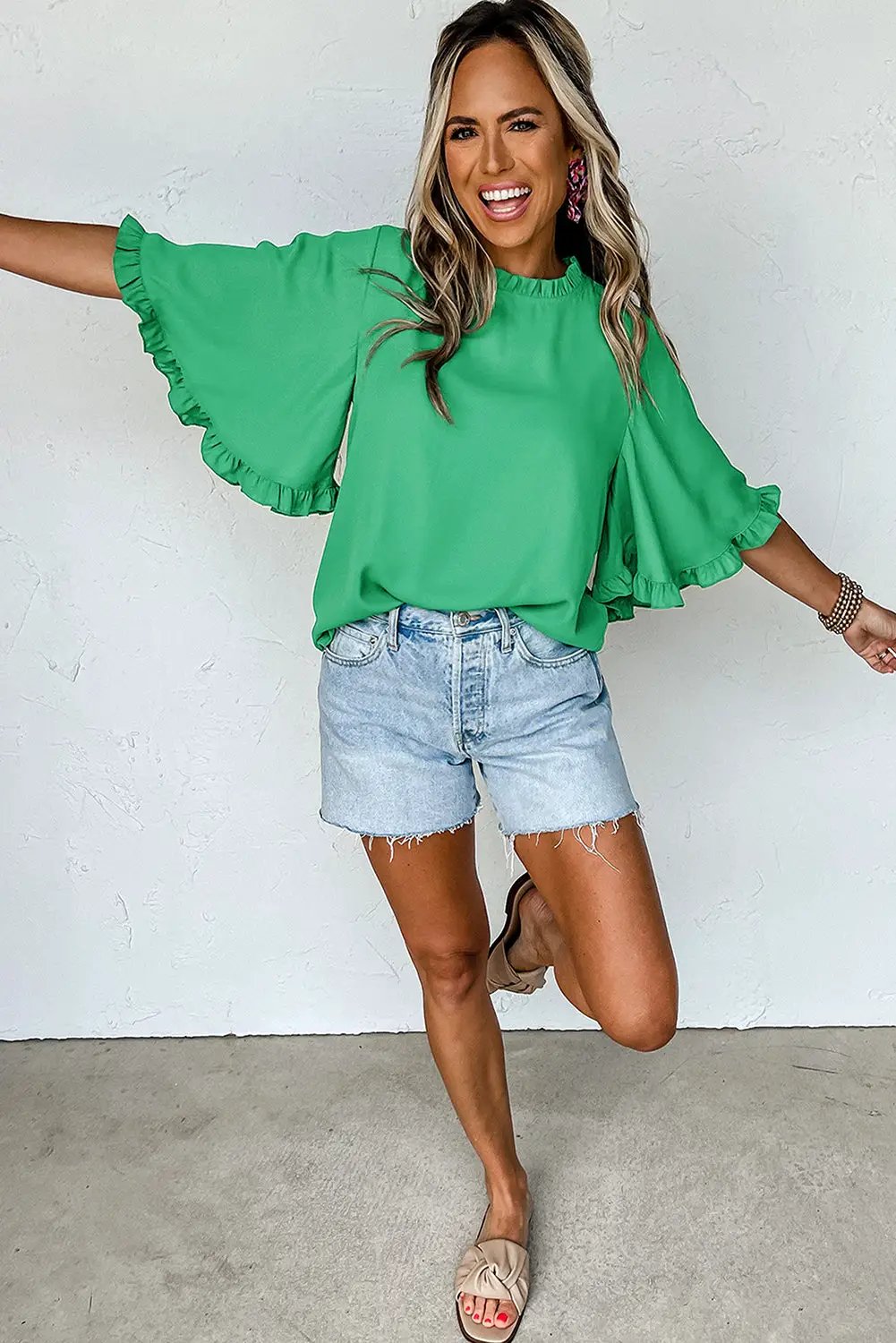 Grateful Threads Boutique Green Frilly Round Neck Wide Half Sleeve Blouse - Blouses Green Frilly blouse