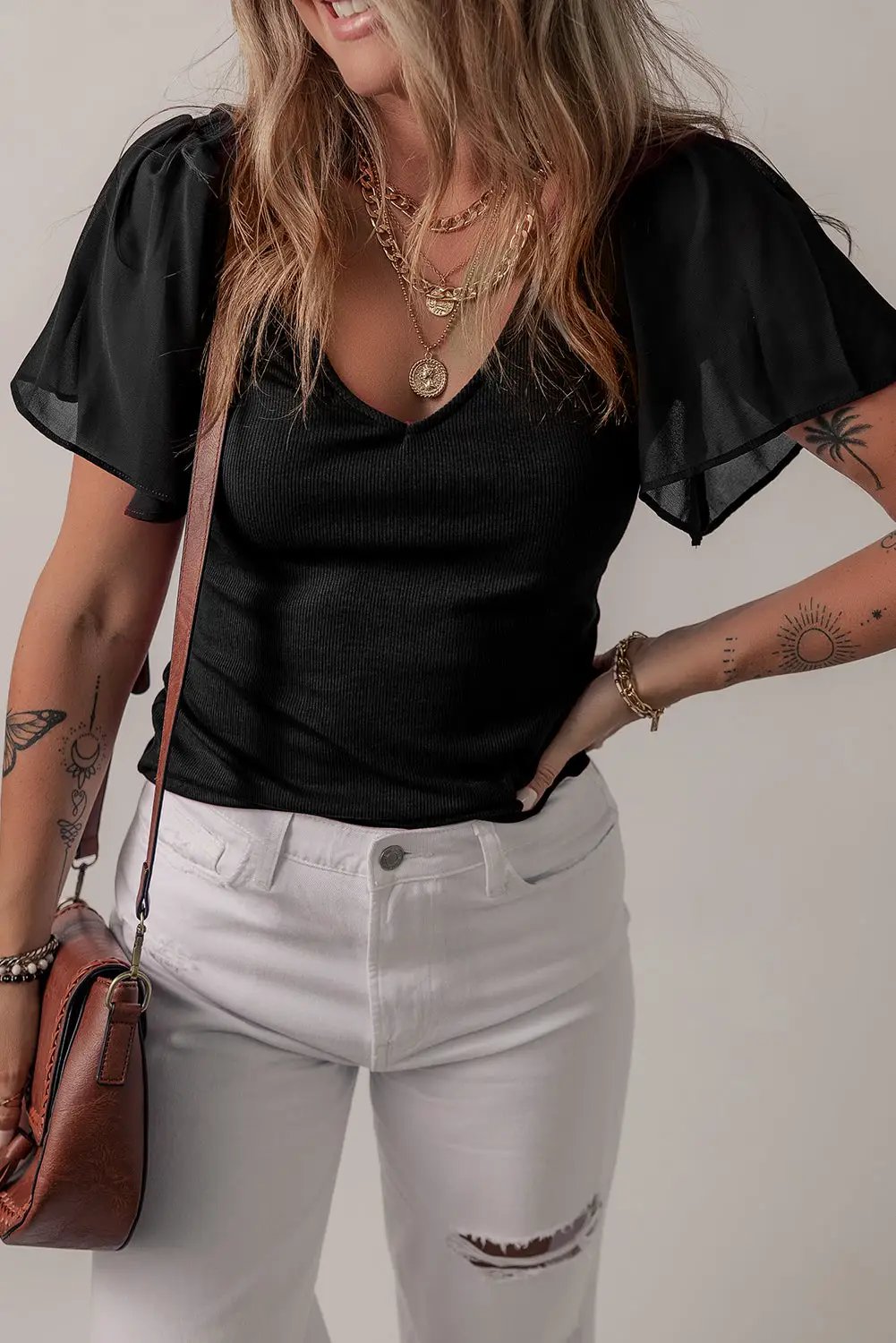 Grateful Threads Boutique Black Mesh Ruffled Sleeve Slim Fit V Neck Top - Clothing Tops black mesh ruffled sleeve top