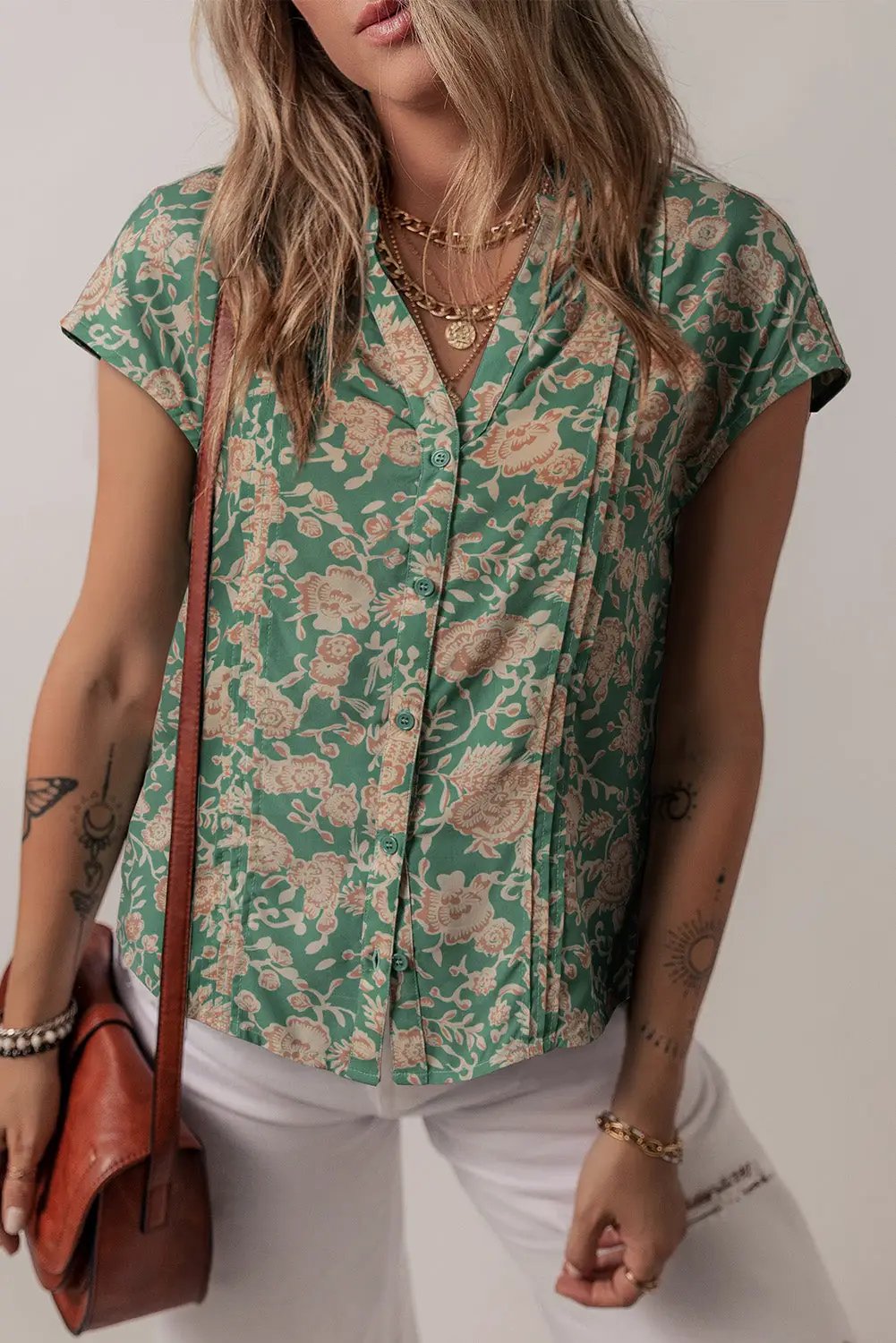 Grateful Threads Boutique Green Floral Print Pleated Buttoned V-Neck Short Sleeve Blouse - Blouses Green floral v neck short sleeve blouse
