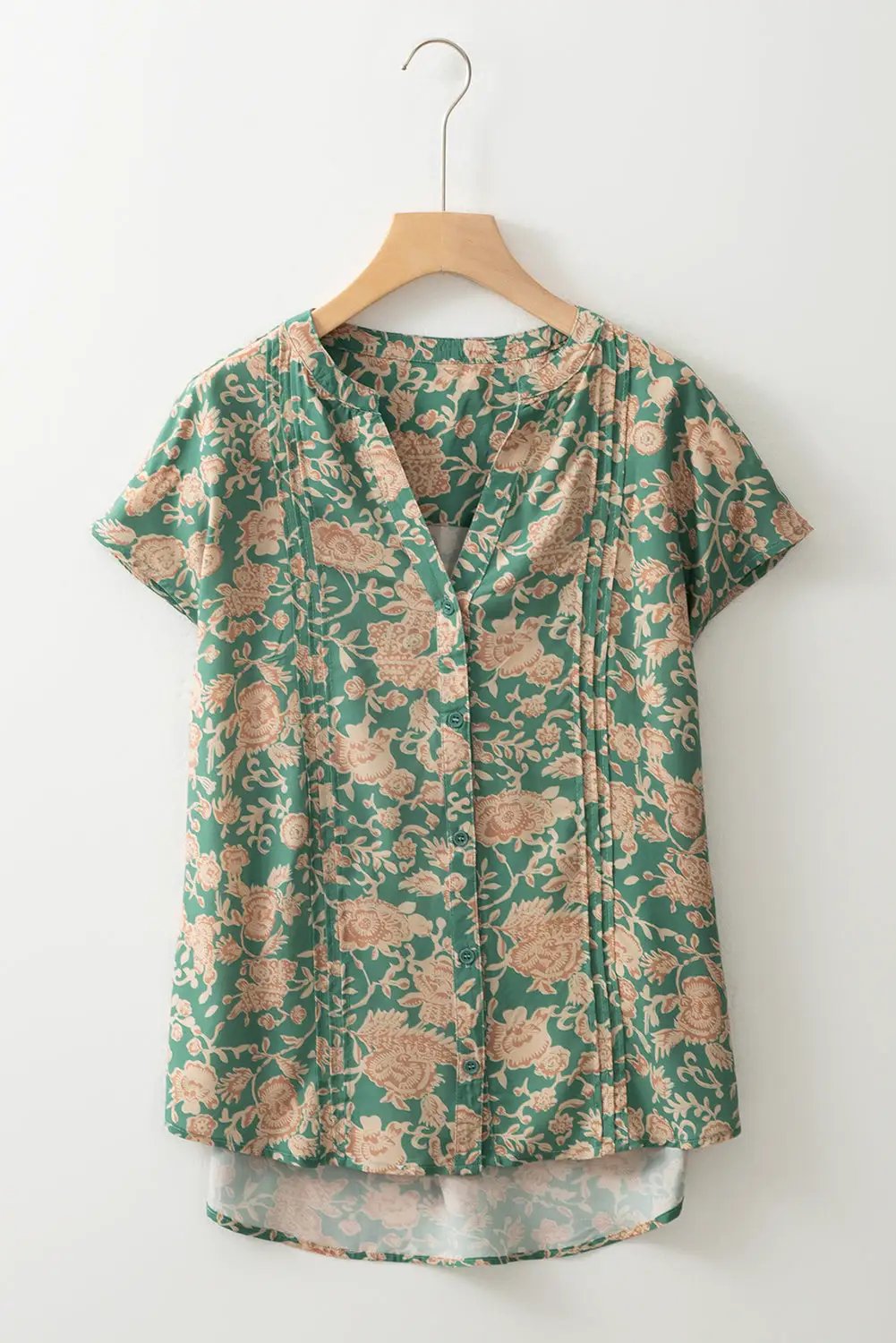 Grateful Threads Boutique Green Floral Print Pleated Buttoned V-Neck Short Sleeve Blouse - Blouses Green floral v neck short sleeve blouse