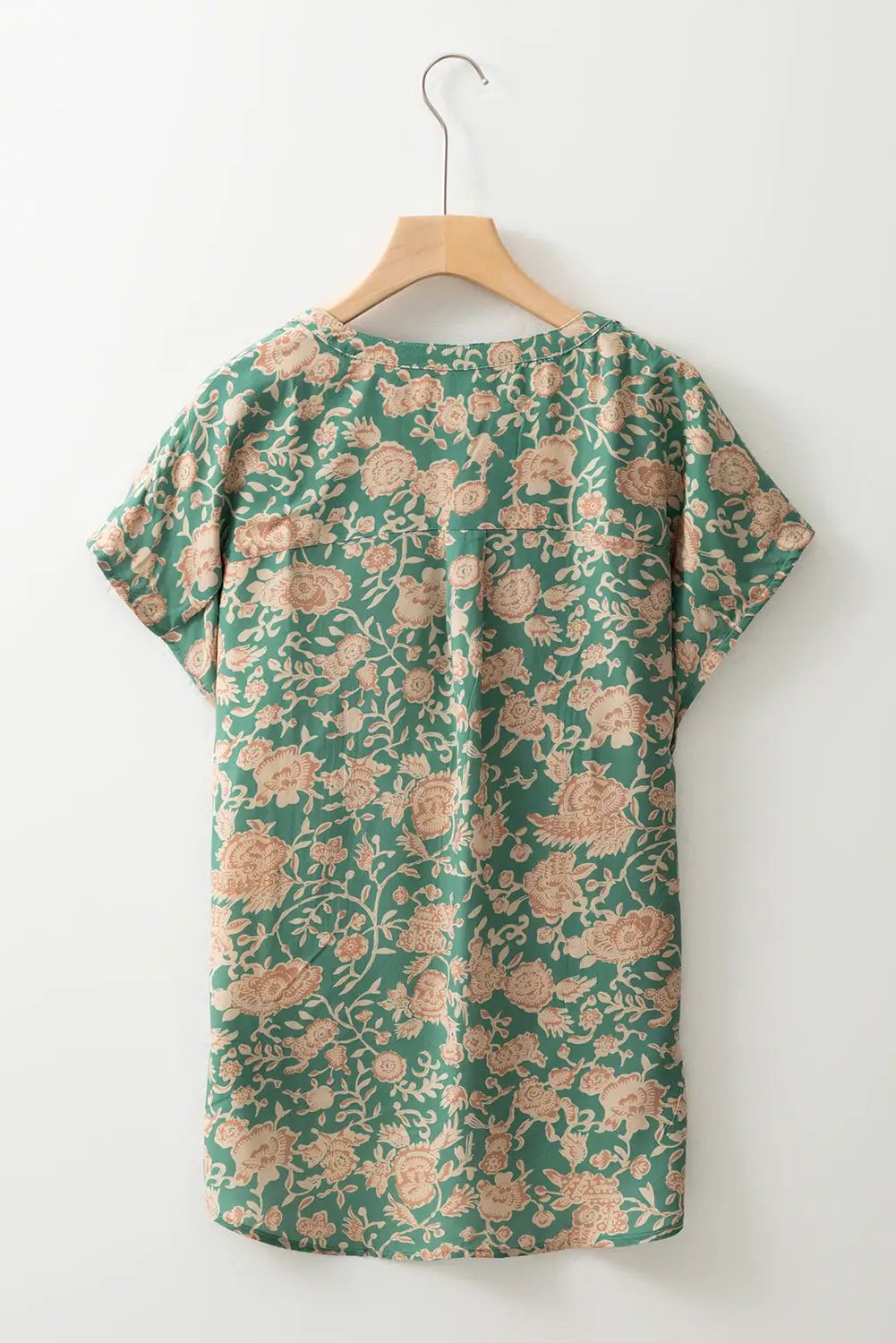 Grateful Threads Boutique Green Floral Print Pleated Buttoned V-Neck Short Sleeve Blouse - Blouses Green floral v neck short sleeve blouse