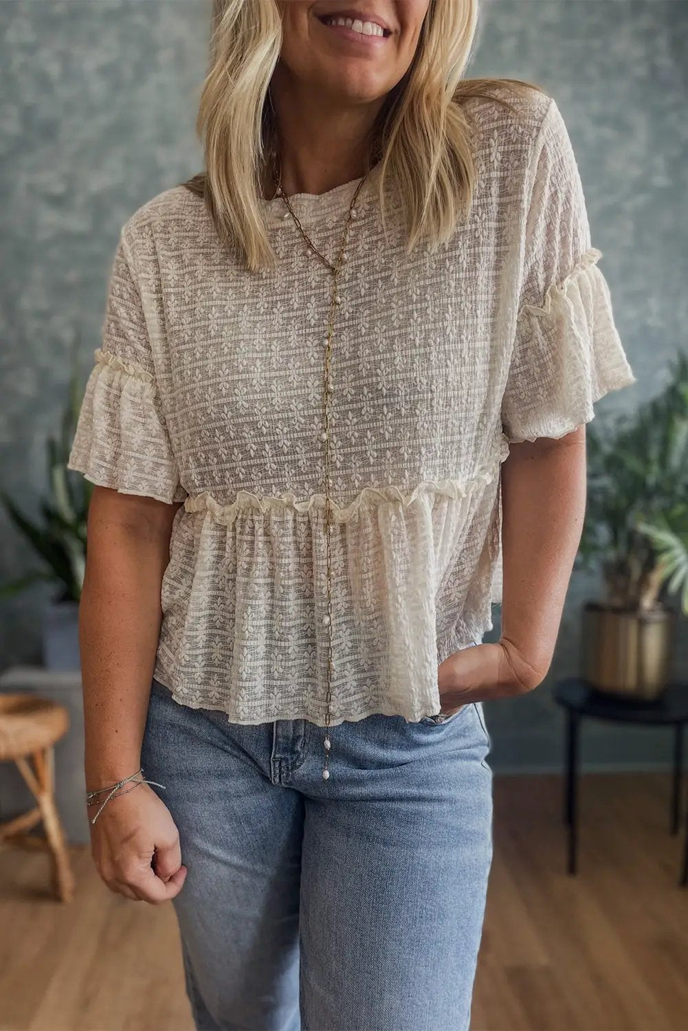 Grateful Threads Boutique Beige Lace Ruffled Peplum Blouse – Feminine, Flirty & Versatile - Blouses