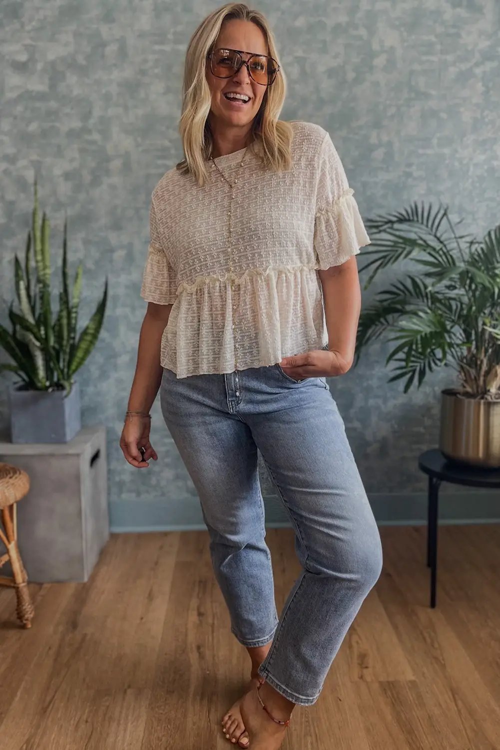 Grateful Threads Boutique Beige Lace Ruffled Peplum Blouse – Feminine, Flirty & Versatile - Blouses