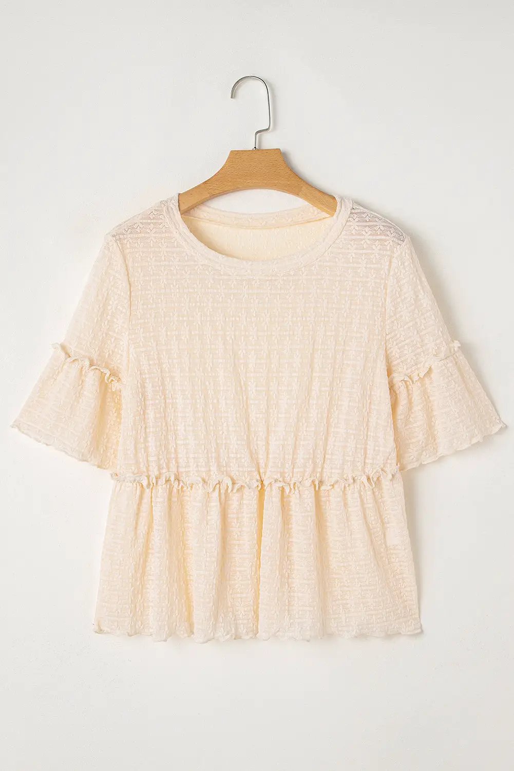 Grateful Threads Boutique Beige Lace Ruffled Peplum Blouse – Feminine, Flirty & Versatile - Blouses