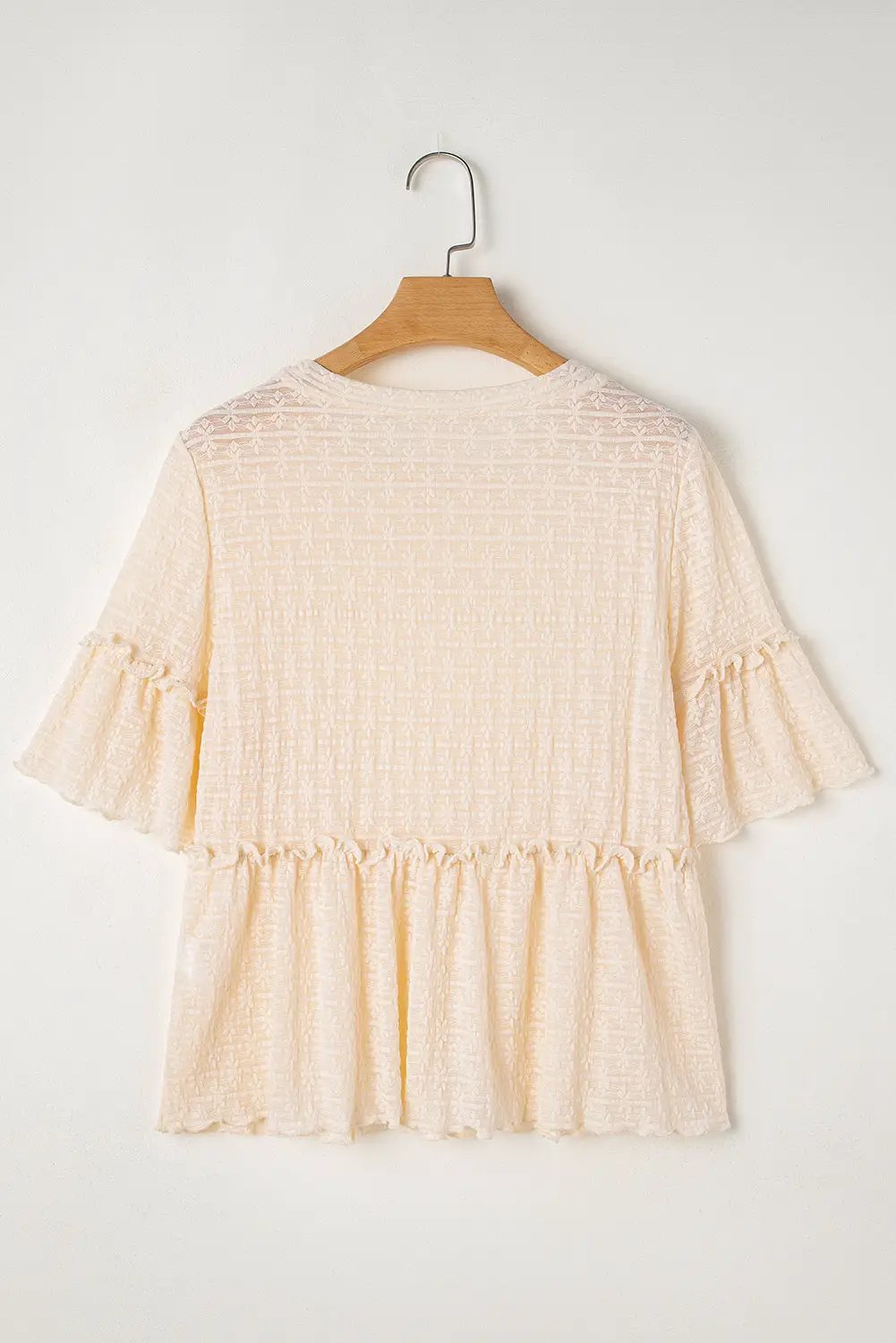 Grateful Threads Boutique Beige Lace Ruffled Peplum Blouse – Feminine, Flirty & Versatile - Blouses
