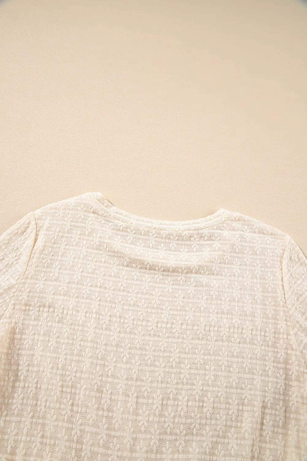 Grateful Threads Boutique Beige Lace Ruffled Peplum Blouse – Feminine, Flirty & Versatile - Blouses