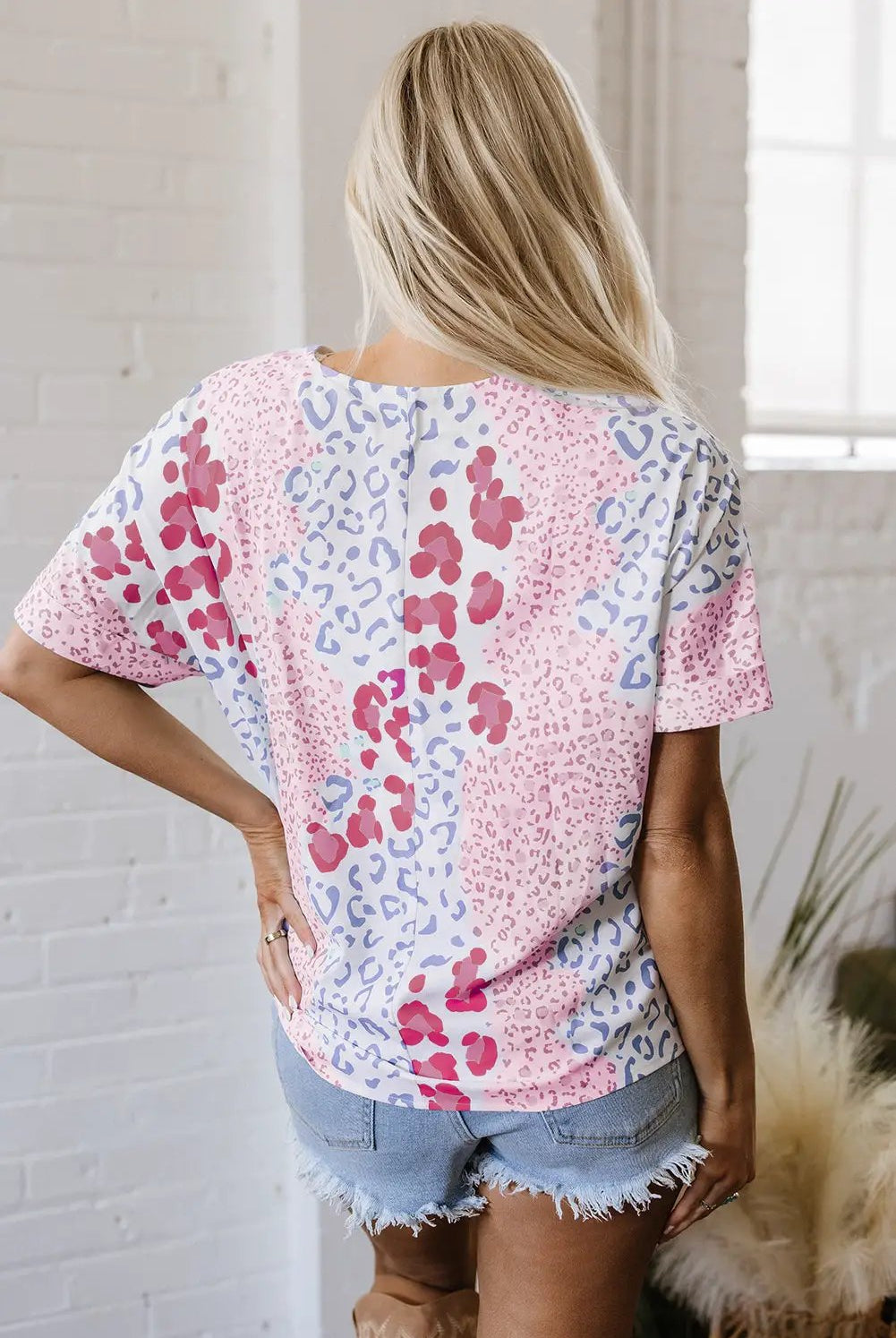 Grateful Threads Boutique Pink Mixed Leopard Print V-Neck Short Sleeve Blouse - Blouses pink mixed leopard print v neck blouse