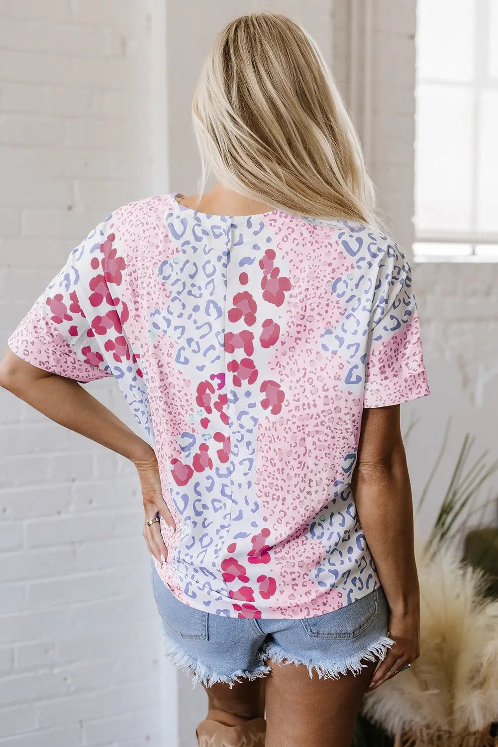 Grateful Threads Boutique Pink Mixed Leopard Print V-Neck Short Sleeve Blouse - Blouses pink mixed leopard print v neck blouse