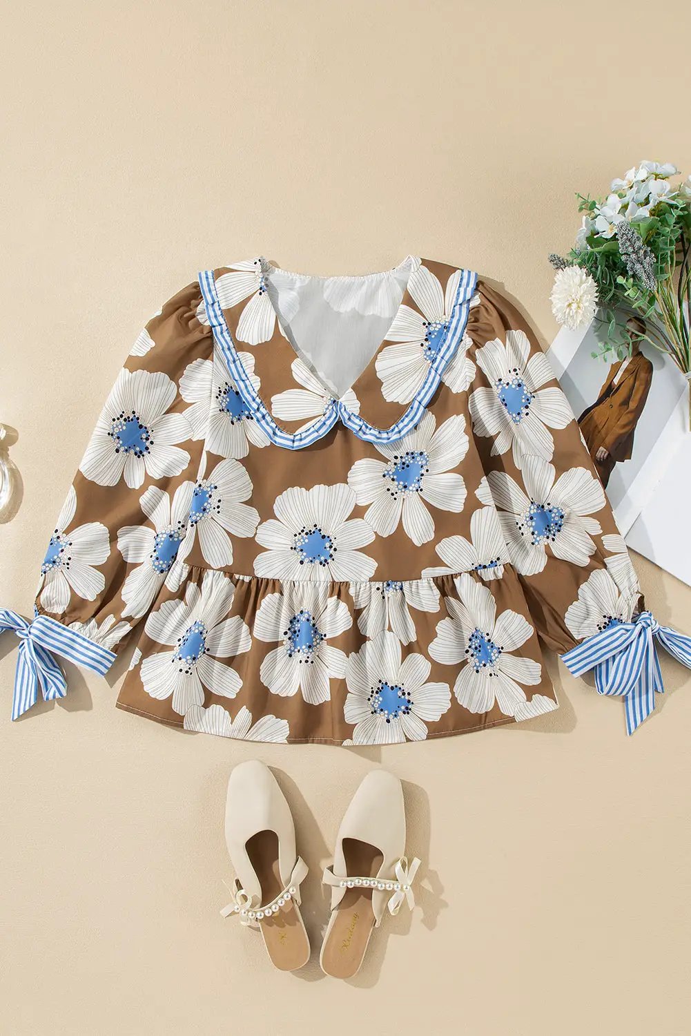 Grateful Threads Boutique Floral Print Tie V-Neck Blouse - Blouses