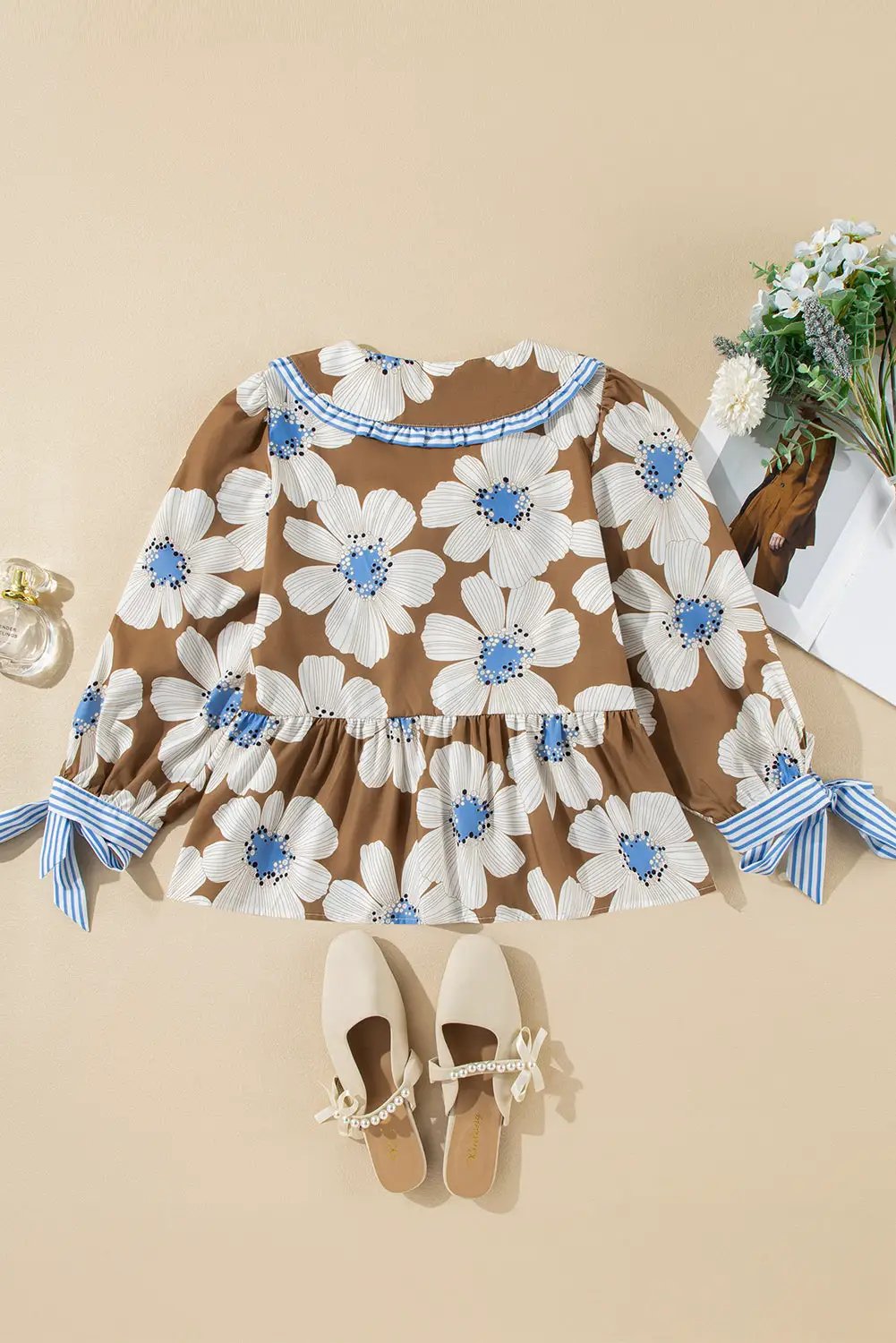 Grateful Threads Boutique Floral Print Tie V-Neck Blouse - Blouses