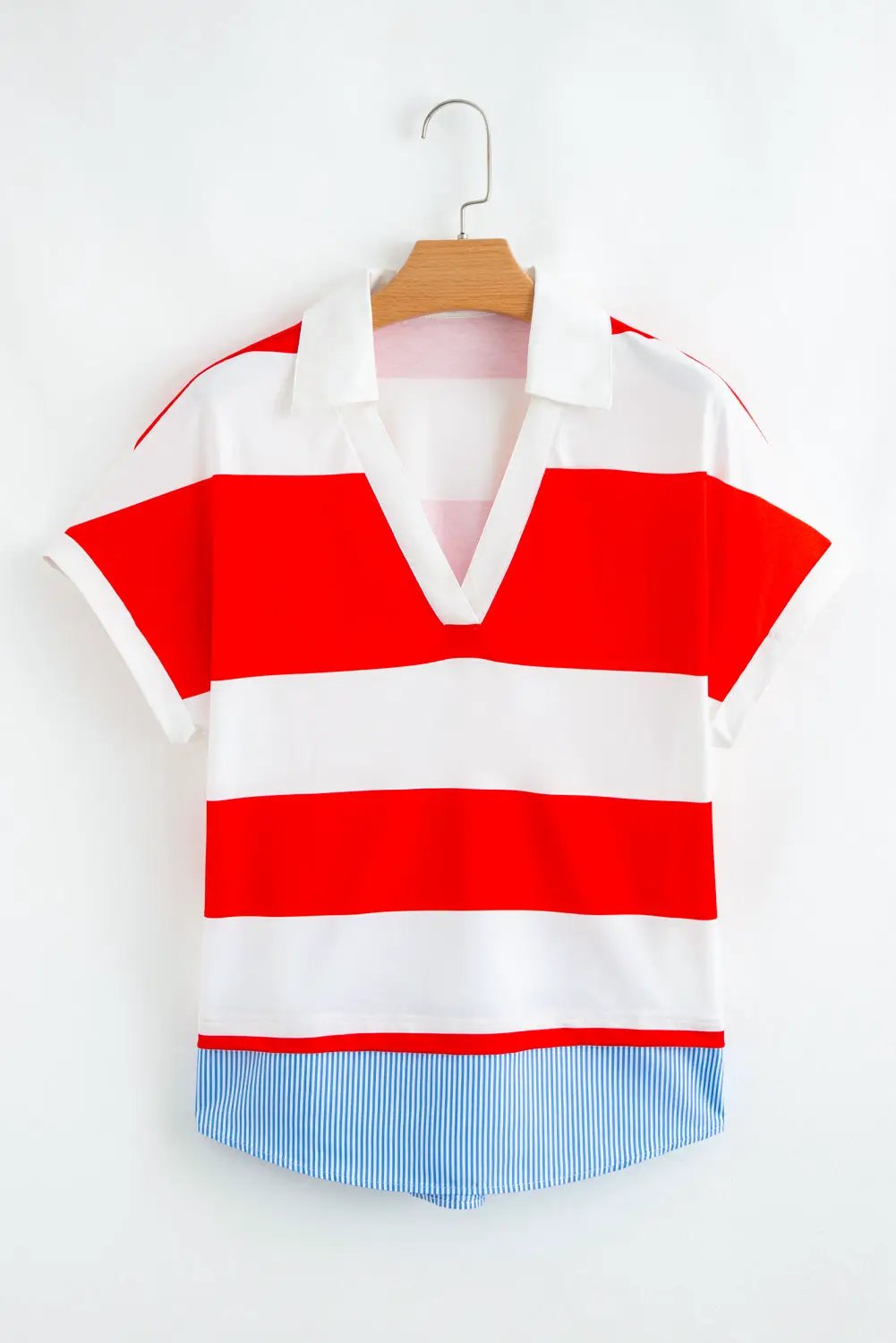 Grateful Threads Boutique Red Stripe Collar V Neck Cuffed Dolman Short Sleeve Top - Clothing Tops red stripe collar v neck