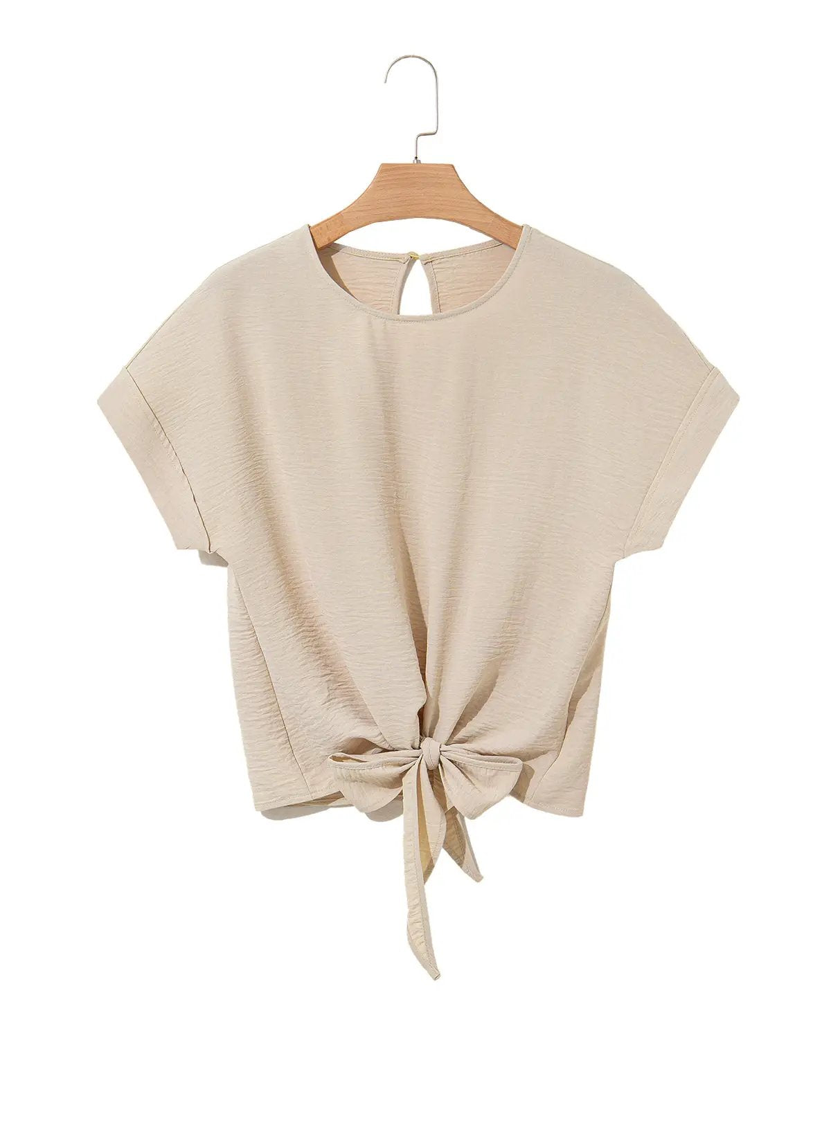 Grateful Threads Boutique Parchment Knotted Hem Short Sleeve Blouse – Effortless Chic Style - Blouses Parchment Solid Color Knotted Hem Short Sleeve Blouse