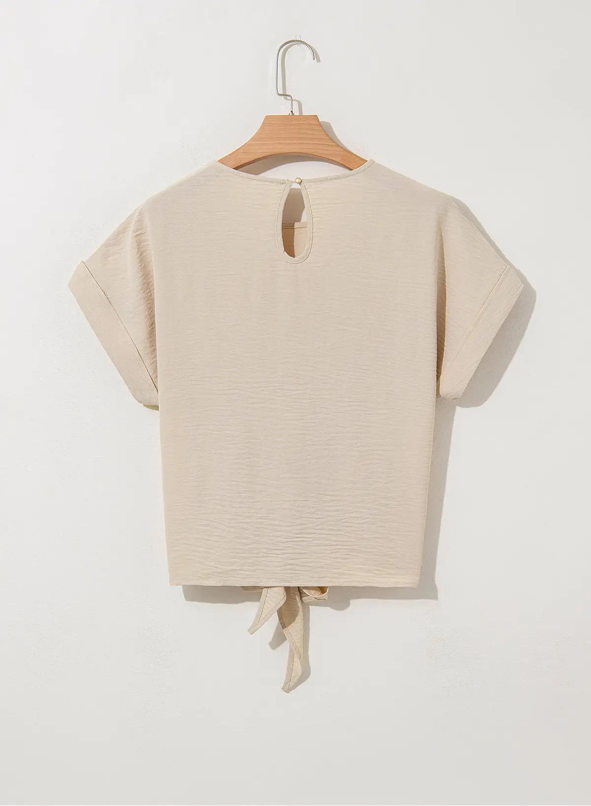 Grateful Threads Boutique Parchment Knotted Hem Short Sleeve Blouse – Effortless Chic Style - Blouses Parchment Solid Color Knotted Hem Short Sleeve Blouse
