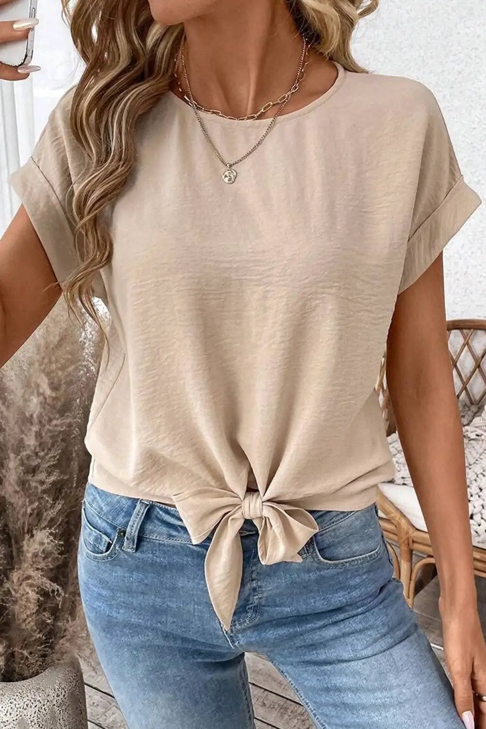 Grateful Threads Boutique Parchment Knotted Hem Short Sleeve Blouse – Effortless Chic Style - Blouses Parchment Solid Color Knotted Hem Short Sleeve Blouse